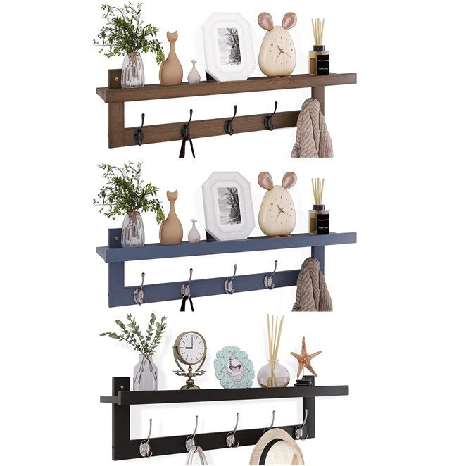 JL Wall Mounted Coat Hooks with Shelf, Grey, Black or Brown, 27" Wide