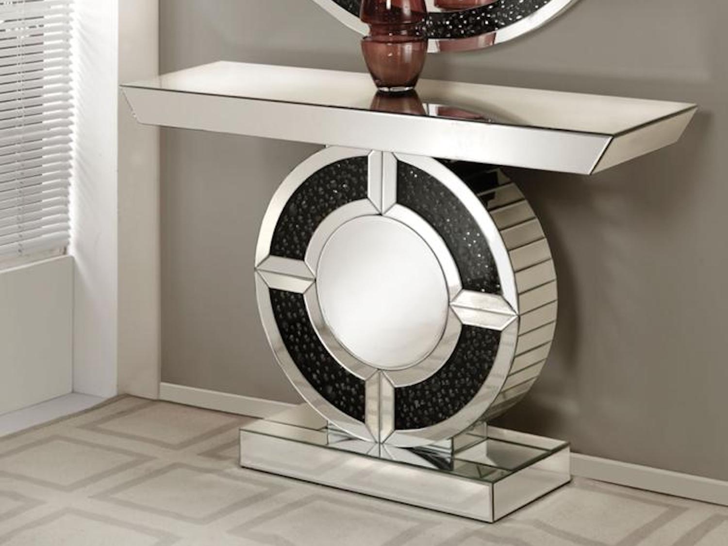 AF-90236 Console Table, 48" Wide, Mirrored Finish, Led Lighting, Gemstone Inlay