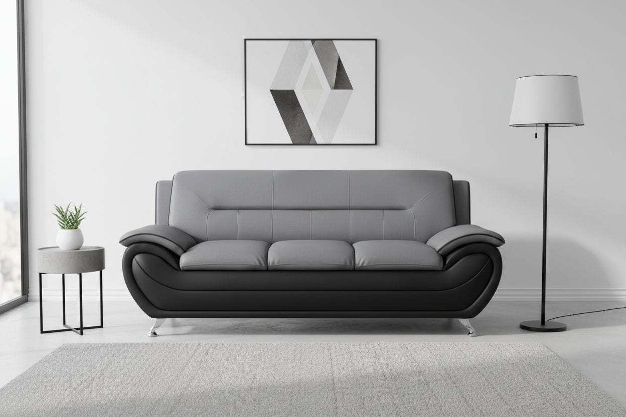 BOL "FELIX" Sofa, Black + Grey, Faux Leather, Chrome Legs