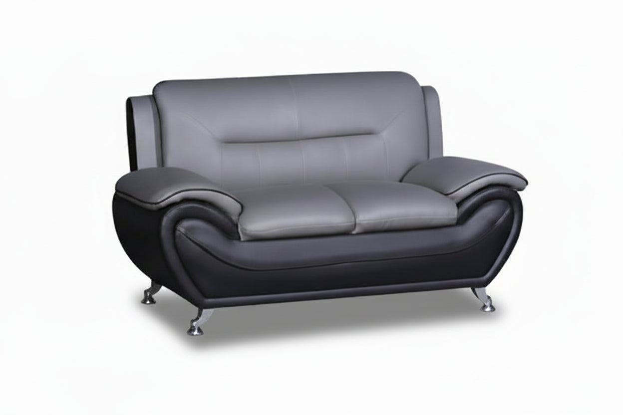 BOL "FELIX" Loveseat, Black and Grey, Faux Leather, Chrome Legs