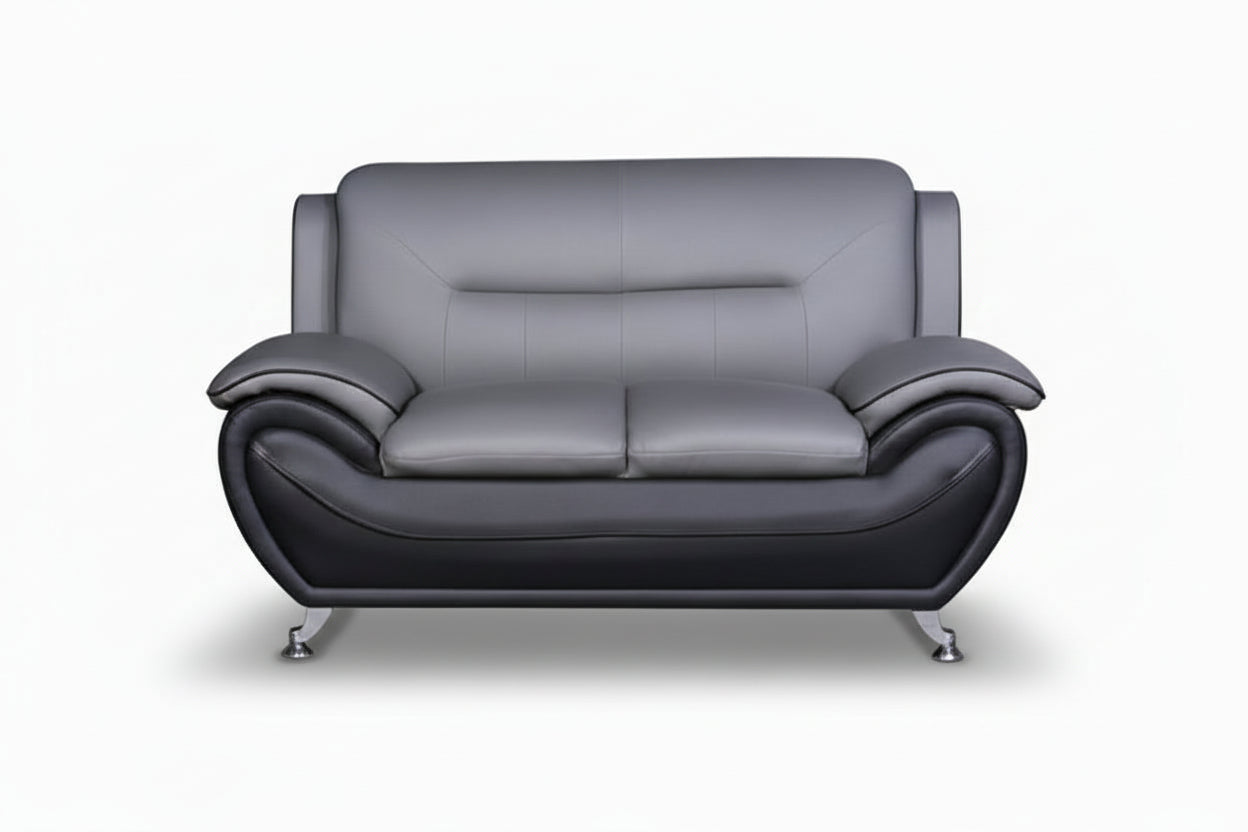BOL "FELIX" Loveseat, Black and Grey, Faux Leather, Chrome Legs