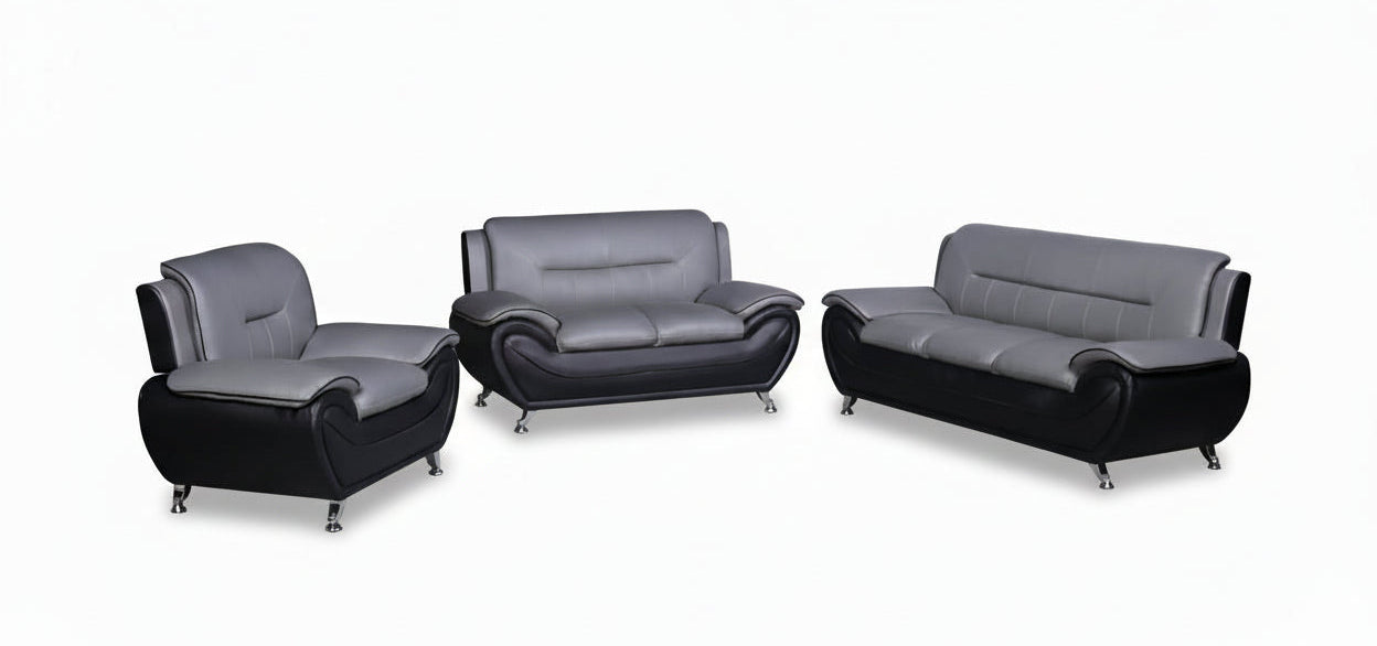 BOL "FELIX" Sofa Set, 3Pc, Black and Grey, Faux Leather, Chrome Legs