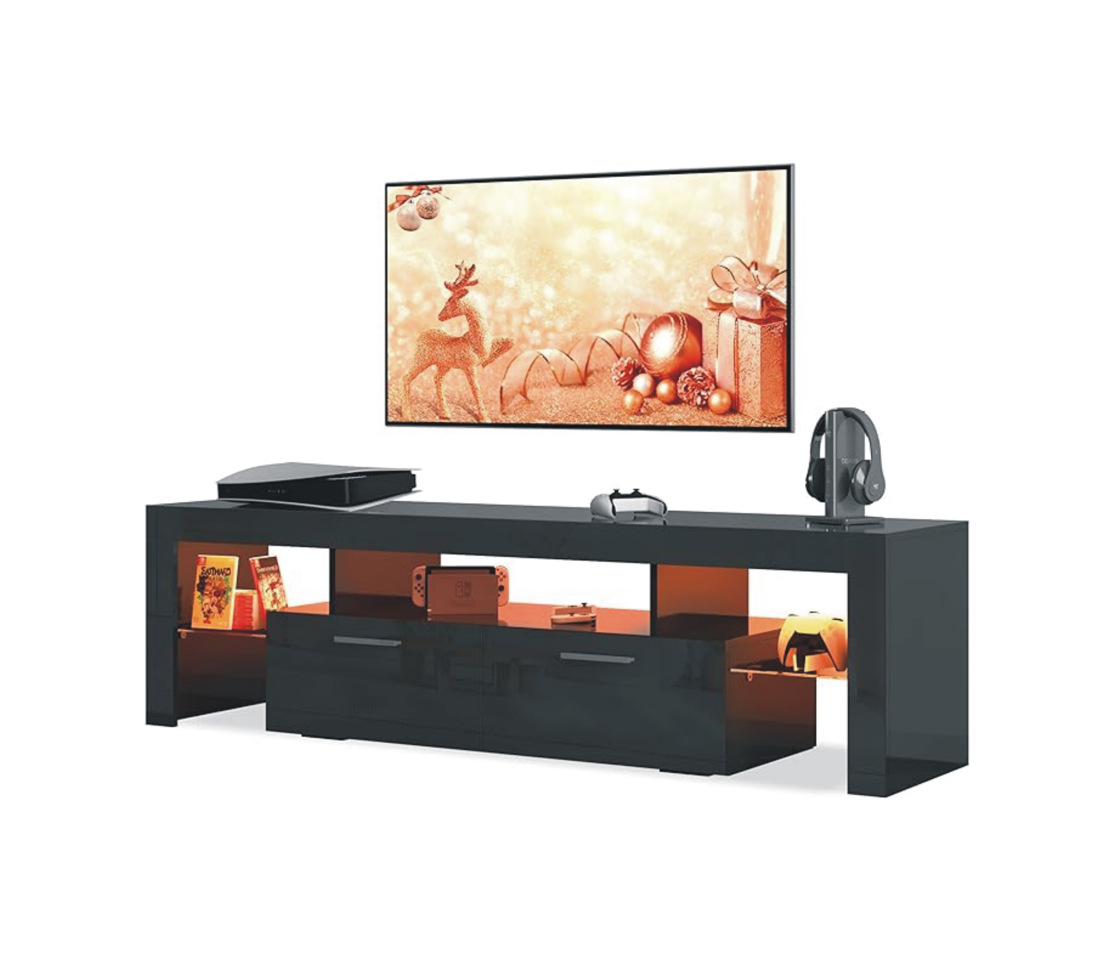 JL 6314 TV Stand, Glossy Black with LED Backlight, and Glass Shelf