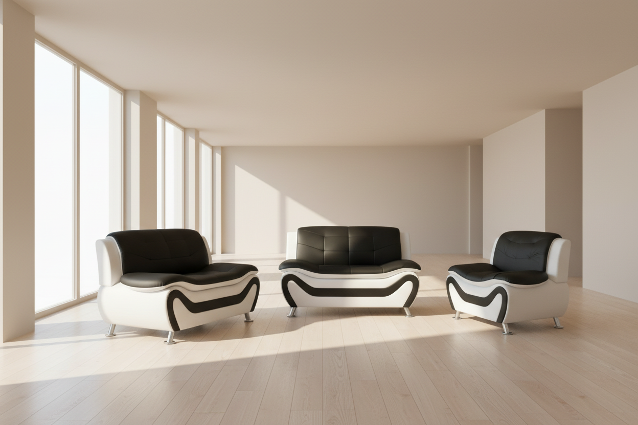 BOL "AUCKLAND" Sofa Set, 3Pc, Black + White, Faux Leather, Chrome Legs
