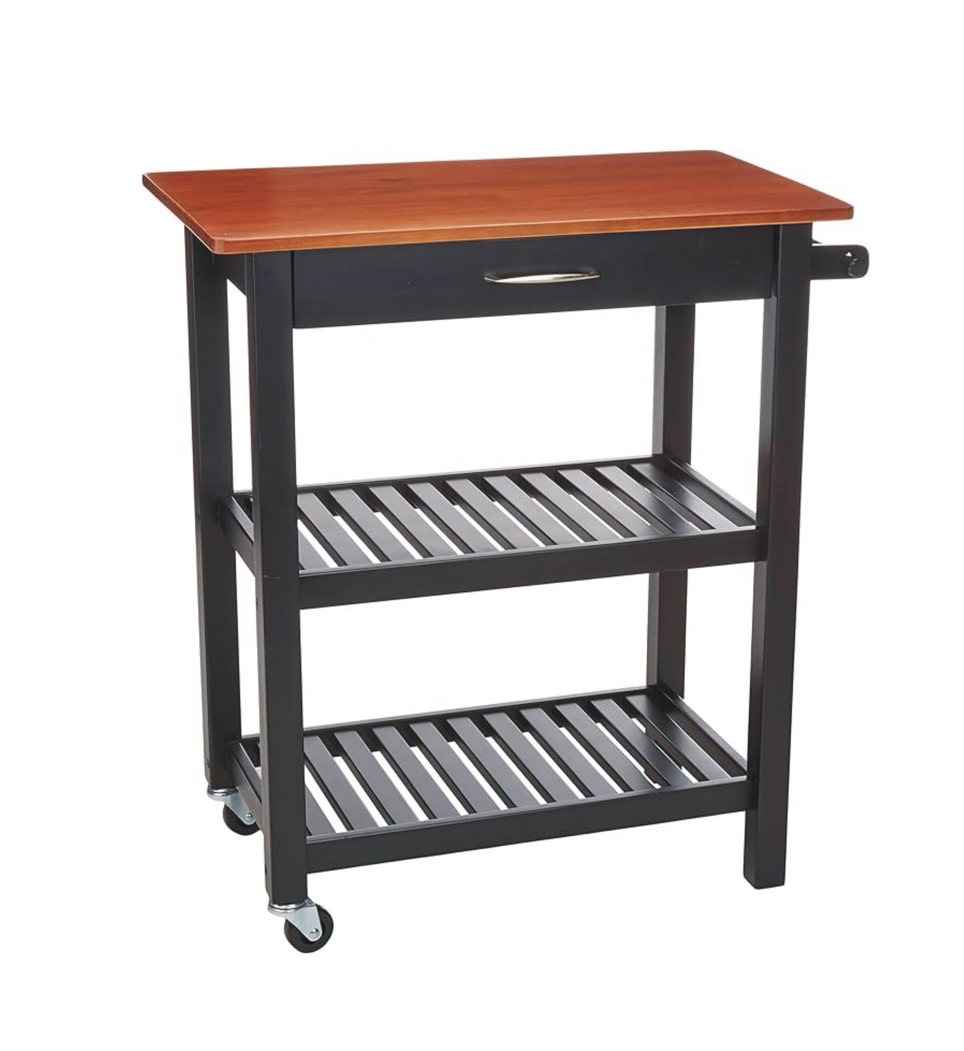 JL Kitchen Island Cart, Cherry and Black, Storage, Solid Wood Top, Wheels, 2 Shelves, 35" Wide