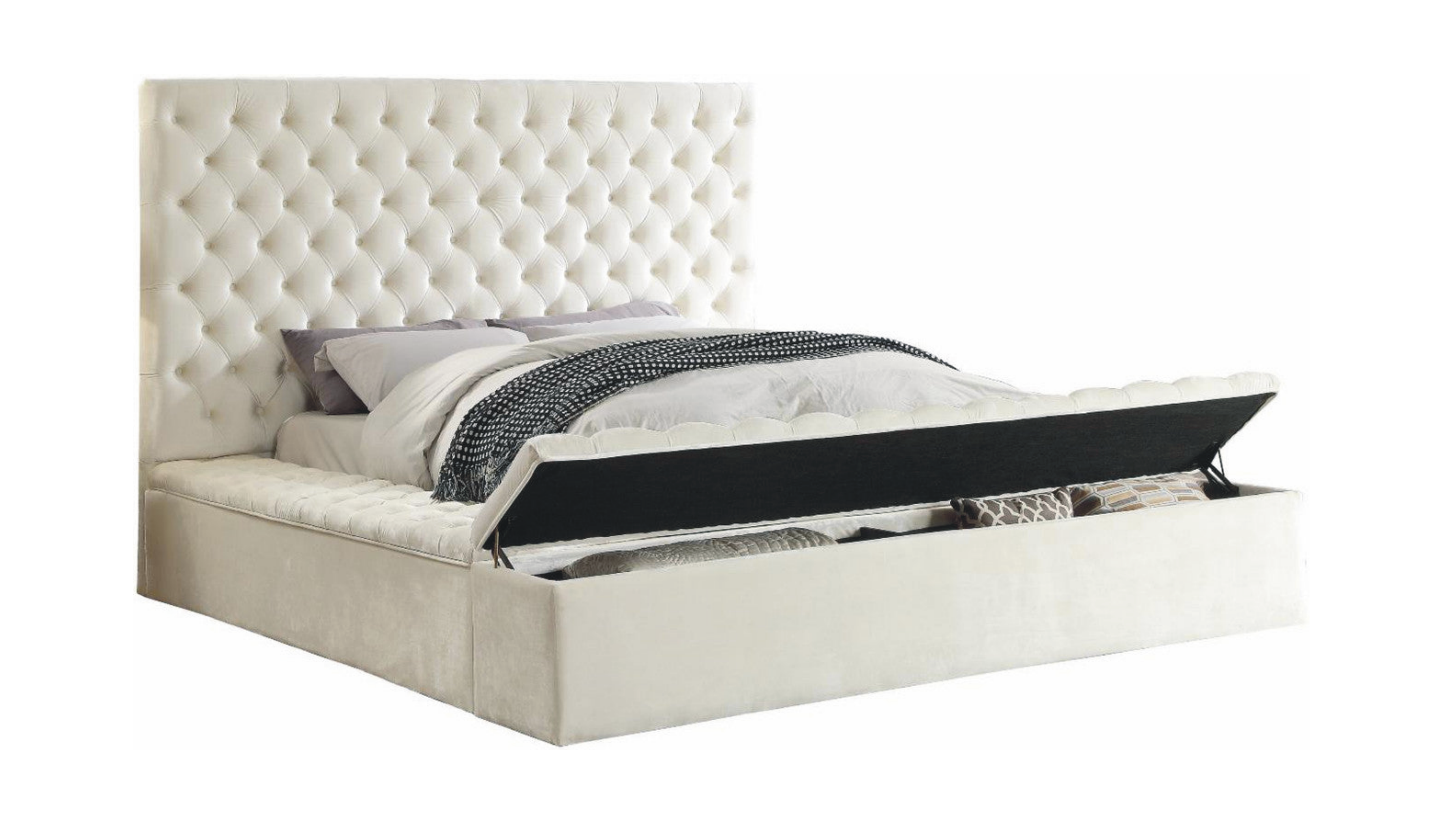 IF-5792 Bed, White, Velvet, 3 Storage Benches, Deep Tufting, Queen, King