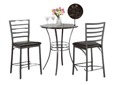 IF-1004 Pub Set, 3Pc, 30" Round, Dark Faux Marble Table Top, Grey Metal Frame, Upholstered Black Seats, Ladder Back