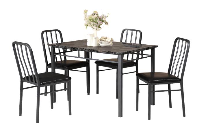 IF-1021 Dining Set, 5Pc, 46" Dark Grey Marble Top, Gun Metal Frame, 4 Black Faux Leather Seat Chairs