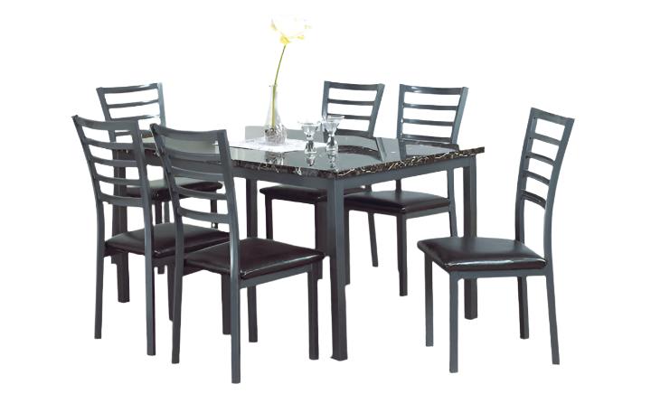 IF-1027 Dinette Set, 7Pc,  60" Dark Brown Faux Marble Top Table, Gun Metal Legs