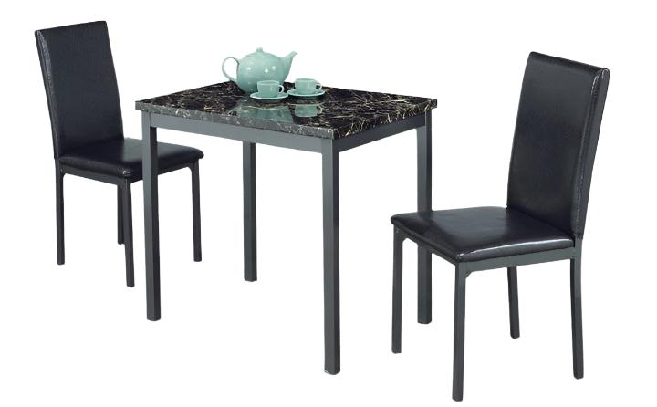 T-1210 | C-1210 Dining Set, 3Pc, 32" Dark Faux Marble Top, Gun Metal Frame, Black Faux Leather Chairs