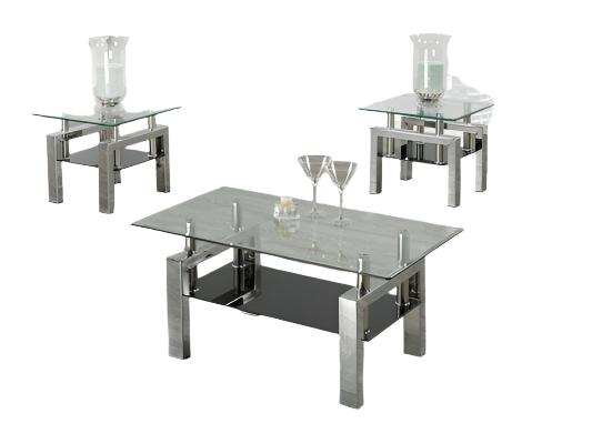 IF-2049 - 3 Pc Coffee Table Set with Chrome Base and Glass Top + Shelf