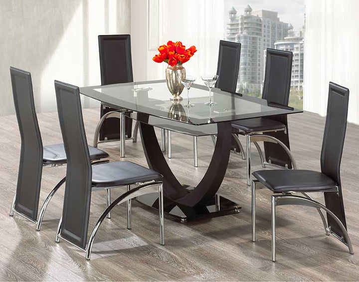 IF-5067 - 5Pc or 7Pc Dining Set, 60" Glass Table, Black Chairs