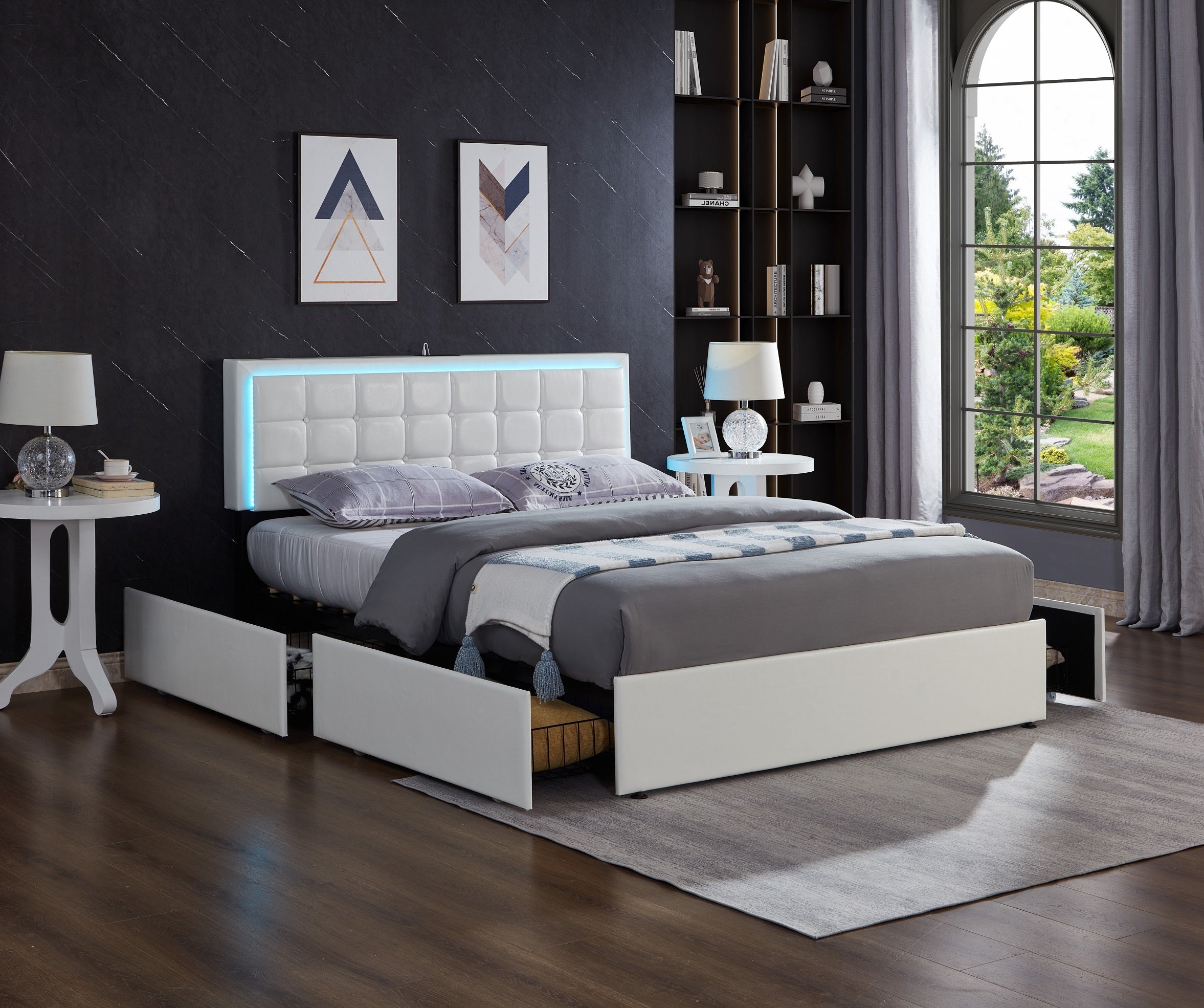 IF-5402 Bed, White, Faux Leather, Adjustable Height HB, Contemporary Button Tufted Headboard