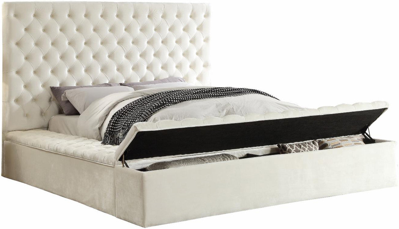 IF-5792 Bed, White, Velvet, 3 Storage Benches, Deep Tufting, Queen, King