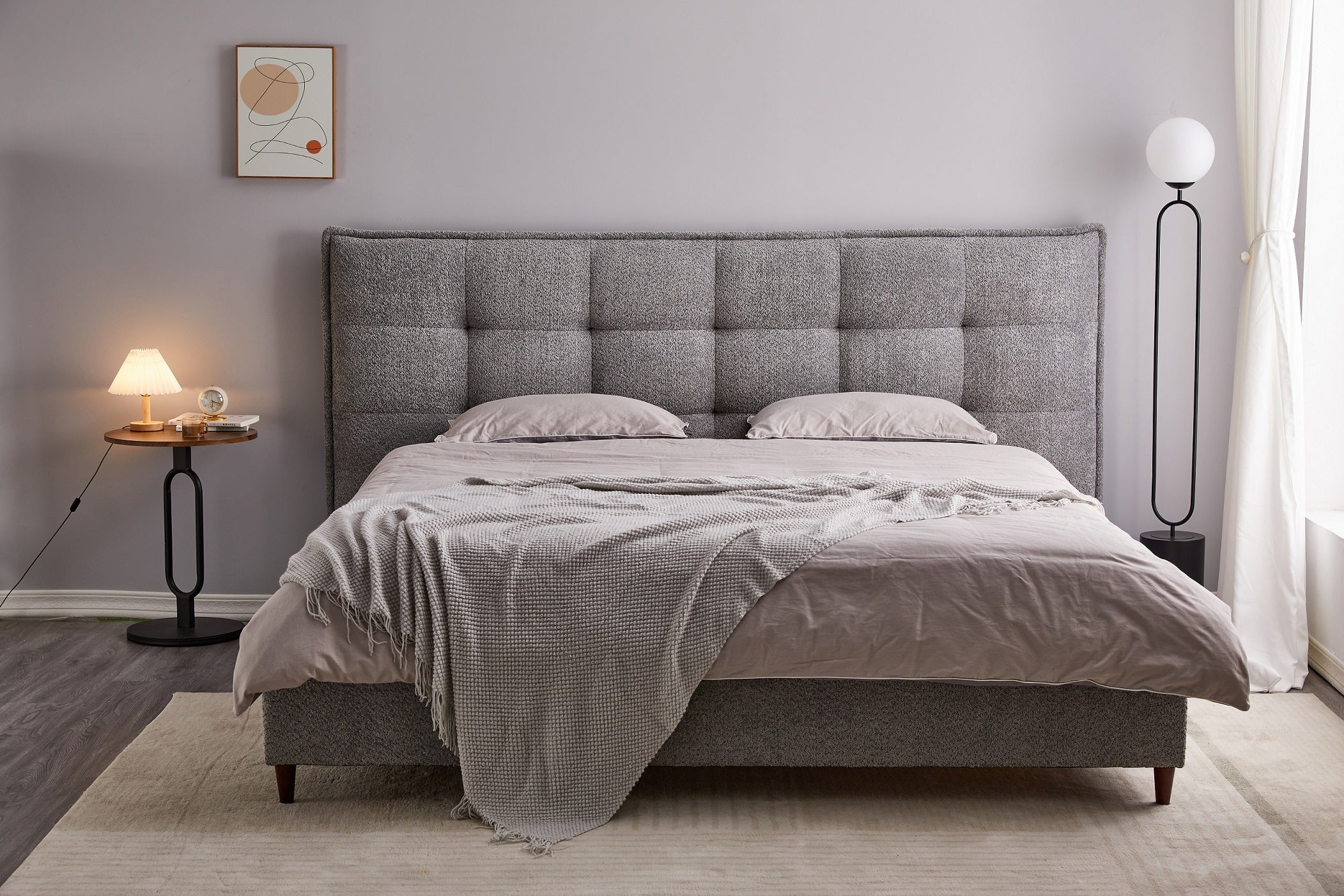 IF-5940 Bed, Grey, Fabric, Tufted Headboard, Queen, King