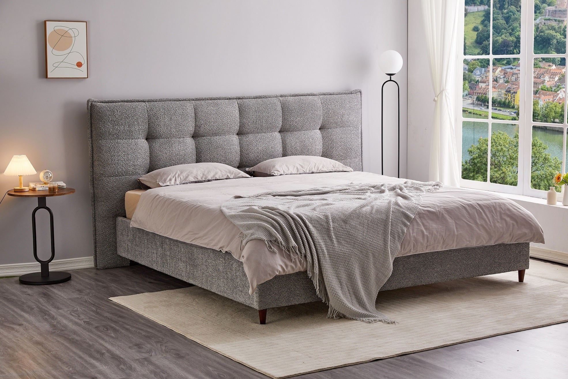 IF-5940 Bed, Grey, Fabric, Tufted Headboard, Queen, King