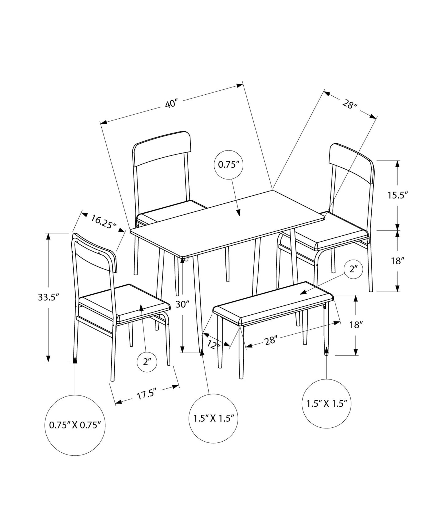 MN-211027    Dining Set, 5pcs Set, 40" Rectangular, Small, Kitchen, Black Metal, Contemporary, Modern