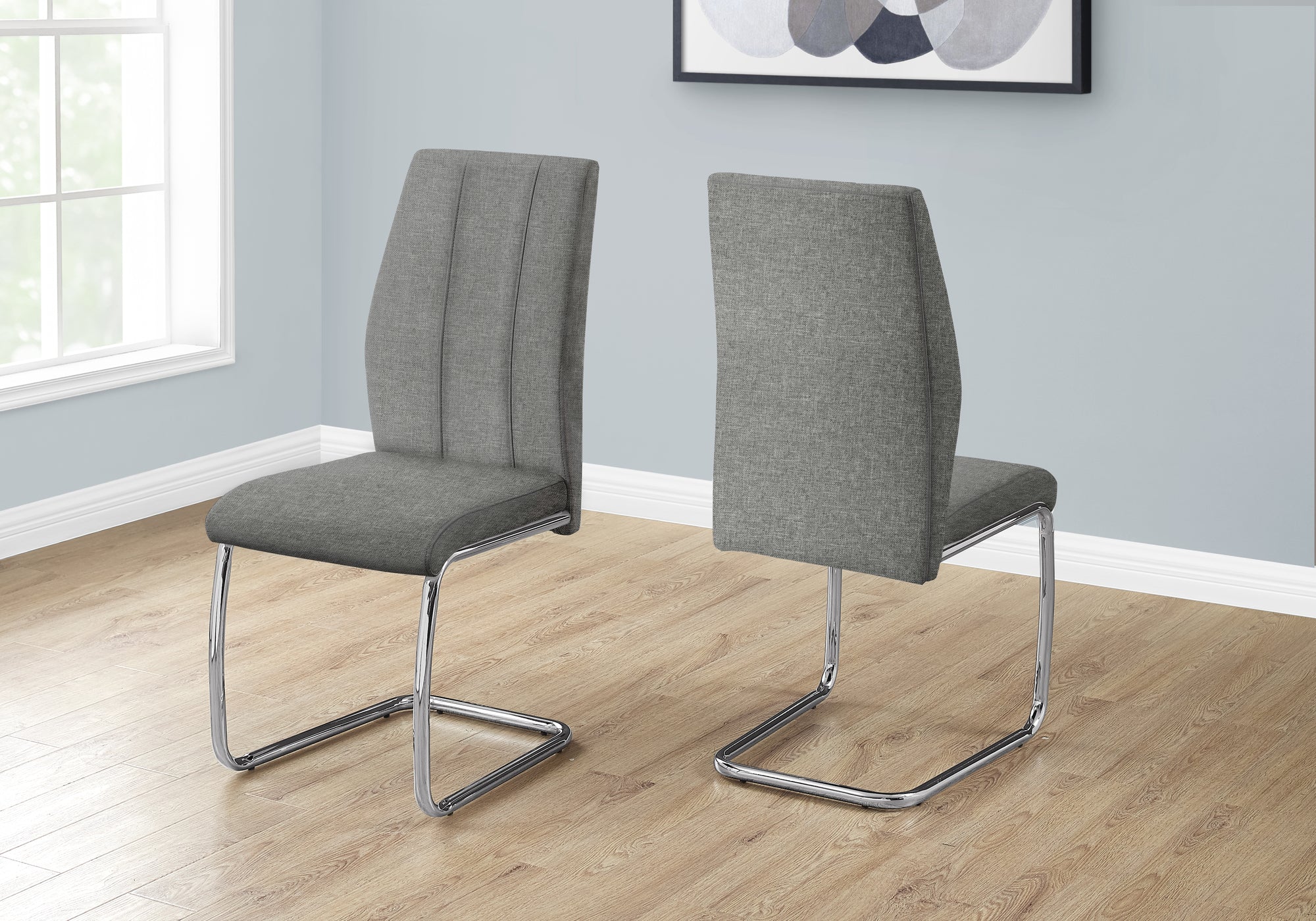 MN-261061    Dining Chair, Set Of 2, Side, Upholstered, Kitchen, Dining Room, 39" Height, Grey Fabric, Chrome Metal, Contemporary, Modern