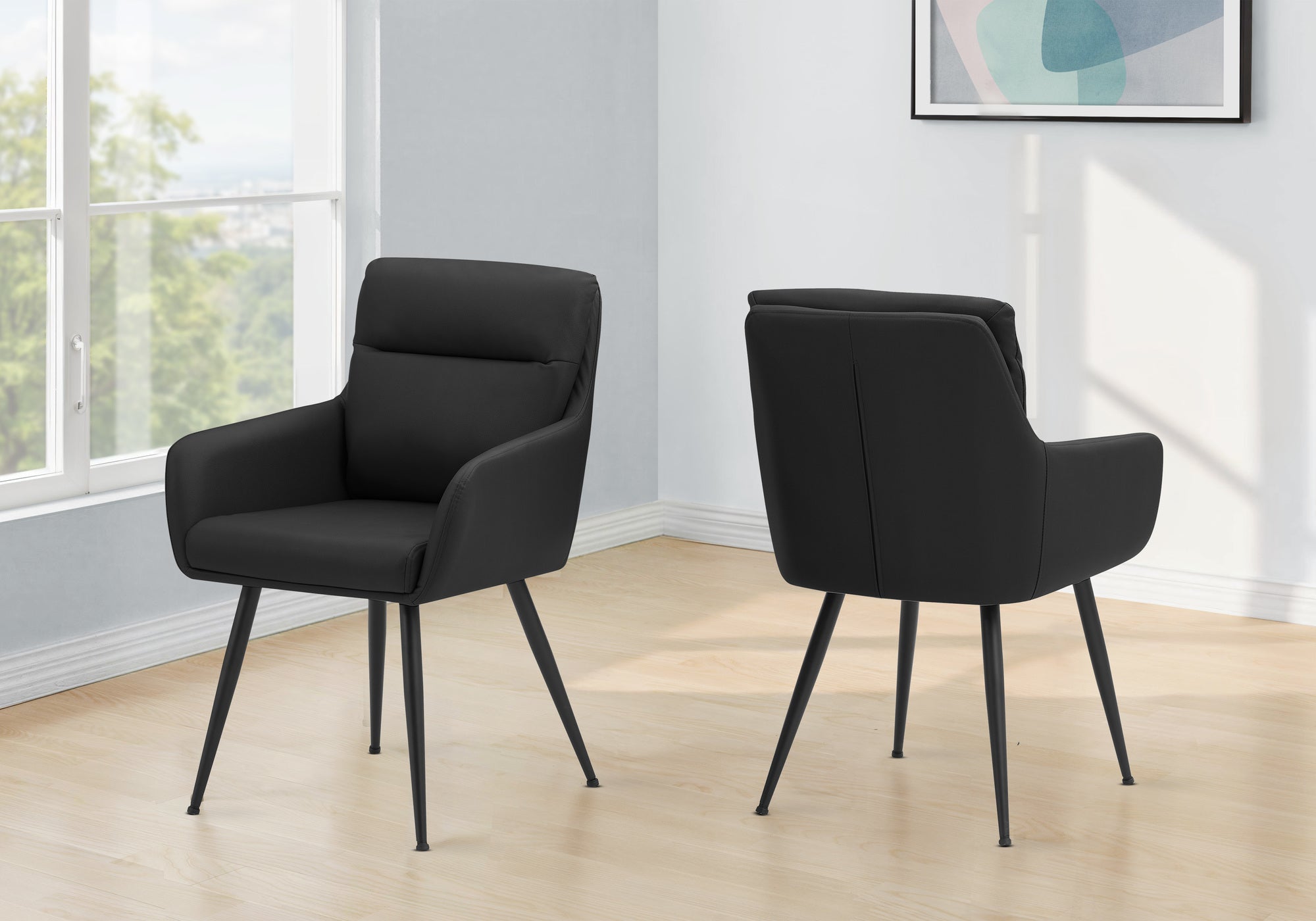 MN-Q481115    Dining Chair, 34" Height, Set Of 2, Upholstered, Side, Dining Room, Kitchen, Black Leather Look, Black Metal, Contemporary, Modern