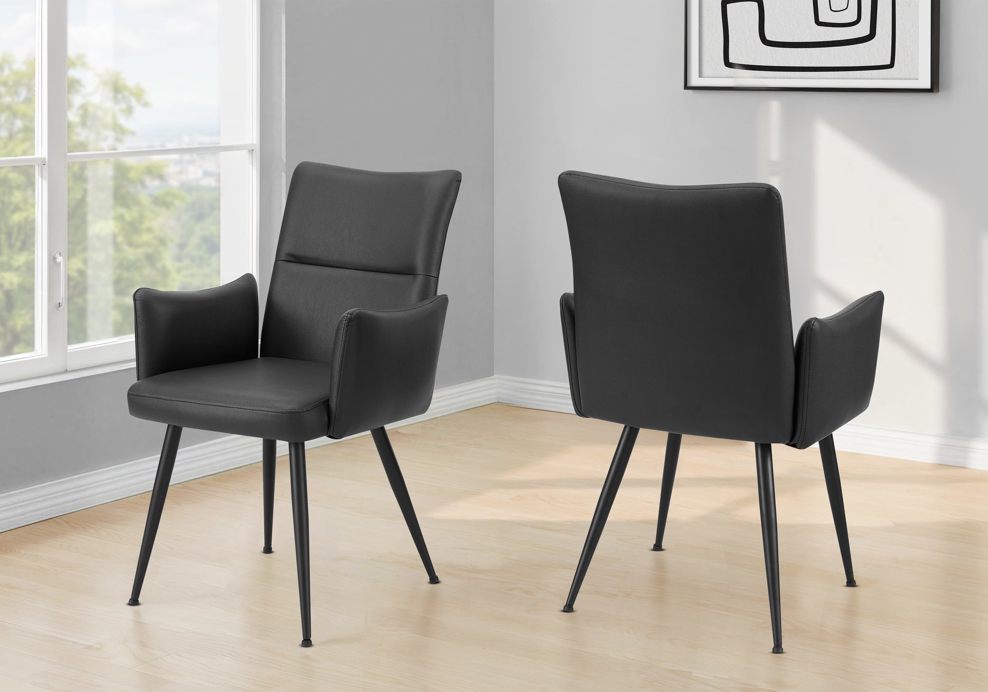 MN-A561125    Dining Chair, 36" Height, Set Of 2, Upholstered, Side, Dining Room, Kitchen, Black Leather Look, Black Metal, Contemporary, Modern