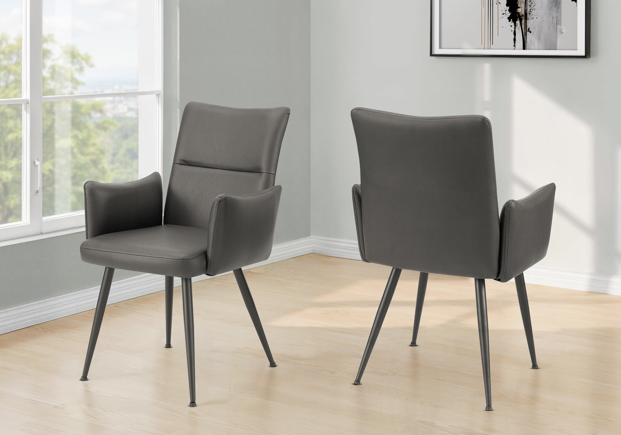 MN-A561126    Dining Chair, 36" Height, Set Of 2, Upholstered, Side, Dining Room, Kitchen, Grey Leather Look, Black Metal, Contemporary, Modern