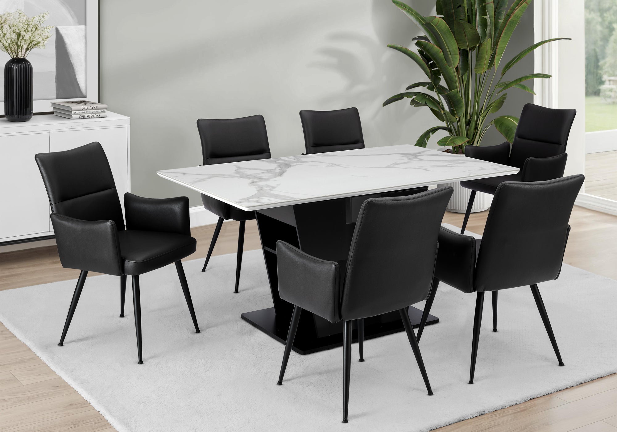 MN-D581128    Dining Table, 60" Rectangular, Sintered Stone Top, Dining Room, Kitchen, White Stone, Black Laminate, Contemporary, Modern