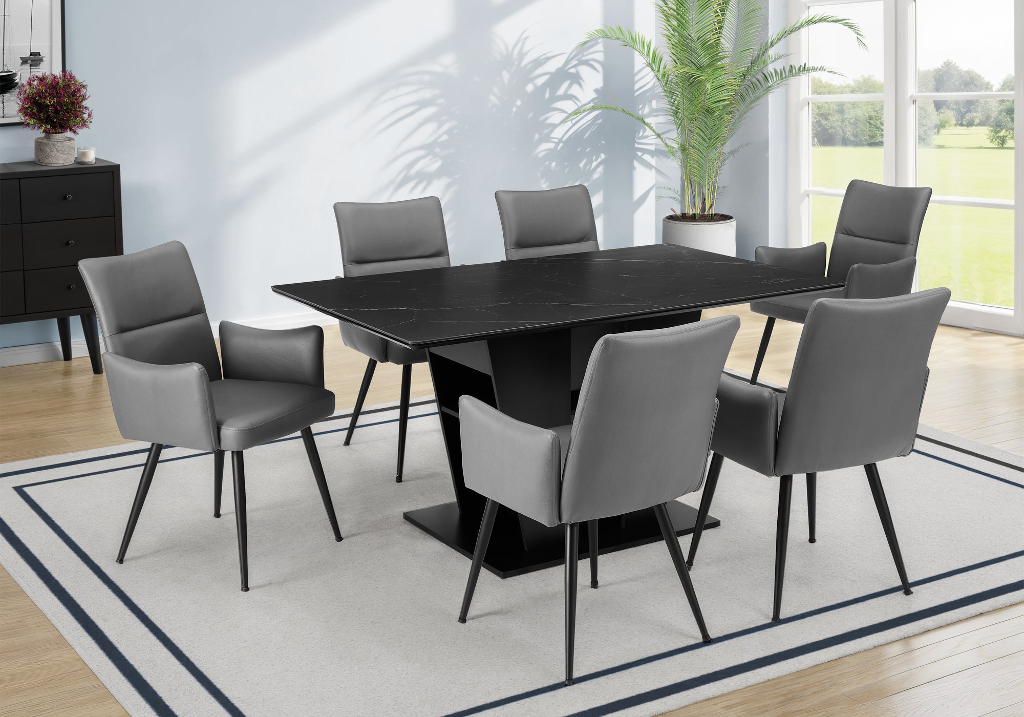 MN-D581129    Dining Table, 60" Rectangular, Sintered Stone Top, Dining Room, Kitchen, Dark Grey Stone, Black Laminate, Contemporary, Modern