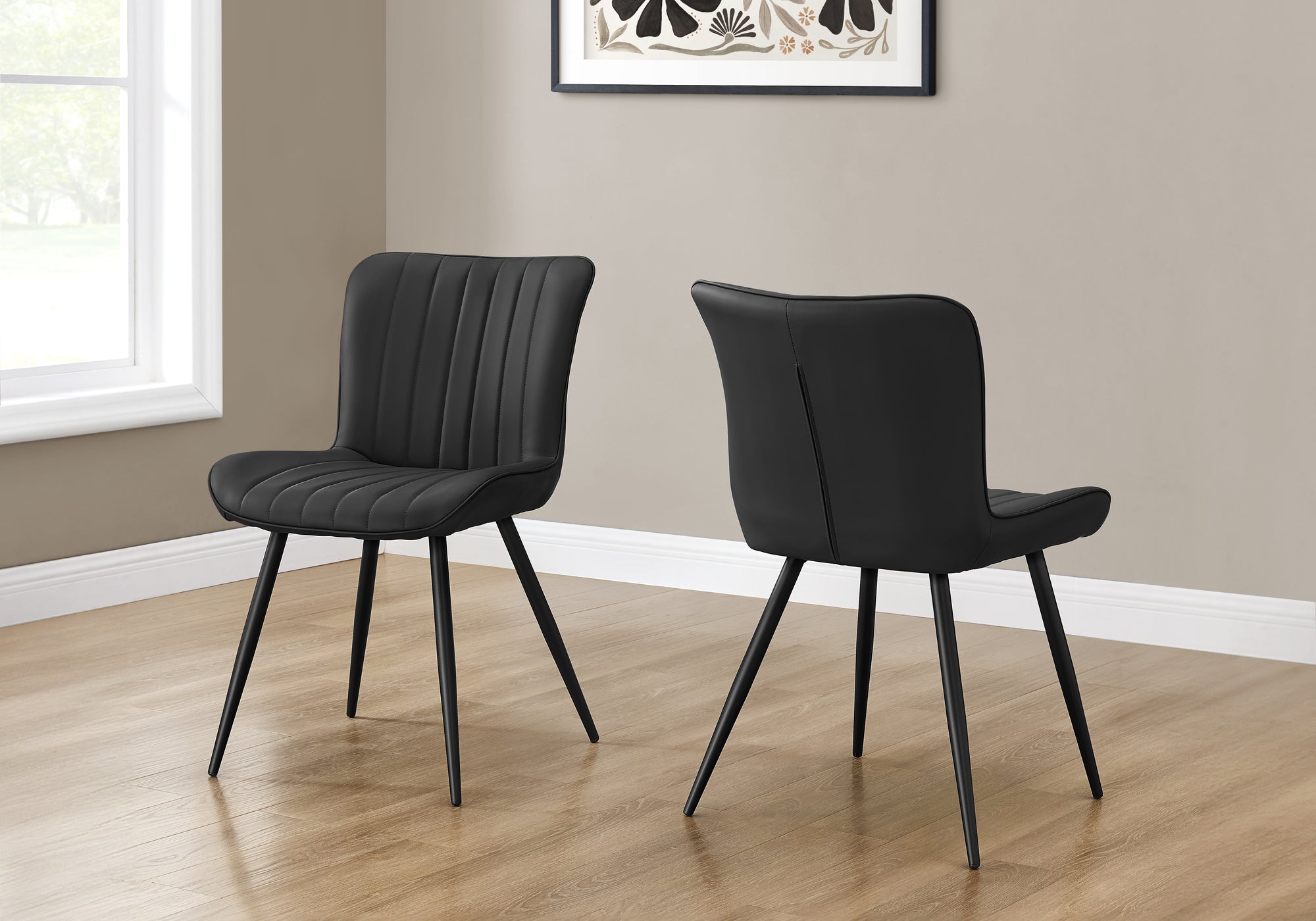 MN-591130    Dining Chair, 33" Height, Dining Room, Kitchen, Upholstered, Side, Set Of 2, Black Leather Look, Black Metal, Contemporary