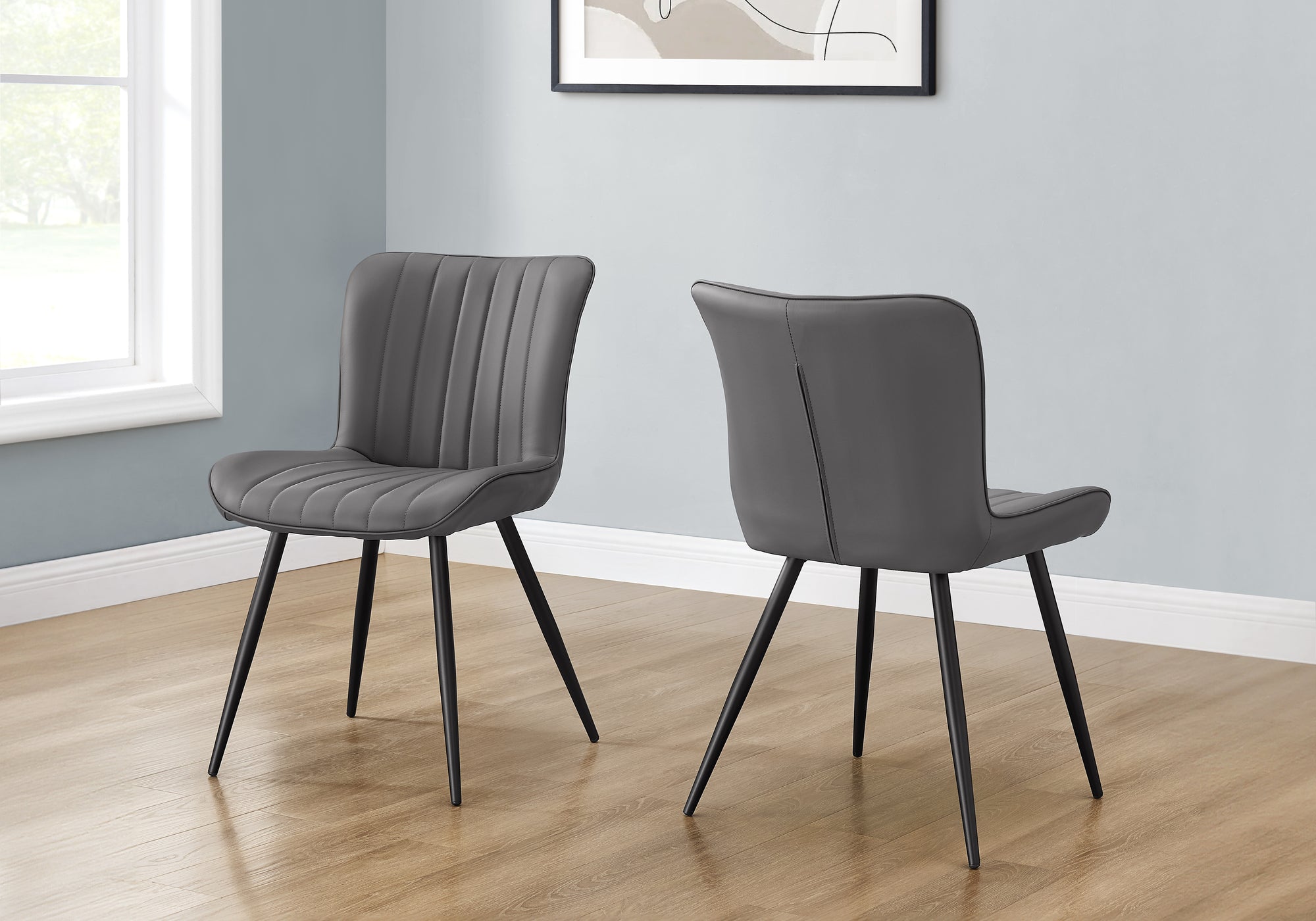 MN-Z601131    Dining Chair, 33" Height, Dining Room, Kitchen, Upholstered, Side, Set Of 2, Grey Leather Look, Black Metal, Contemporary, Modern