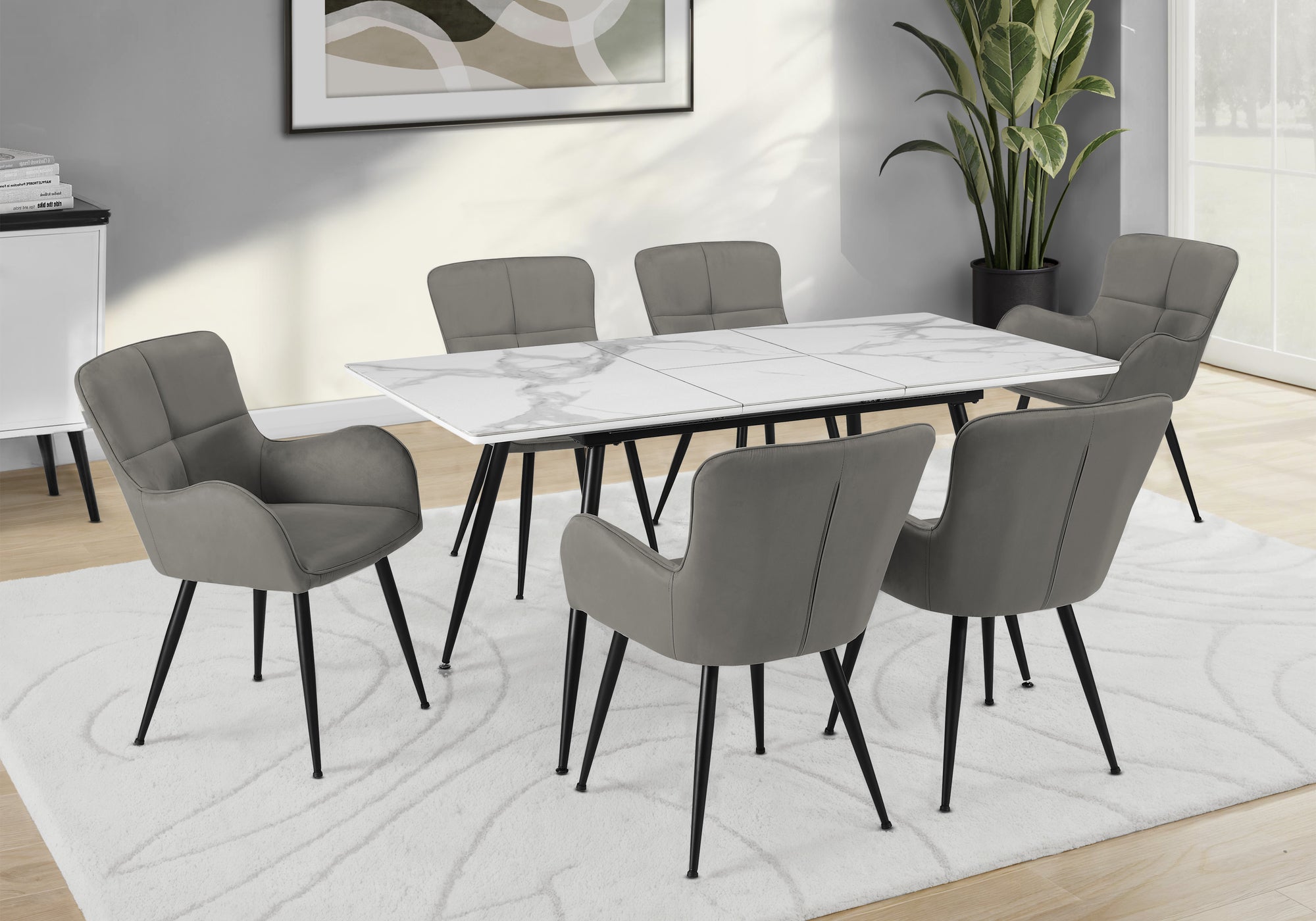 MN-E621132    Dining Table, 63" Rectangular, 15" Butterfly Panel, Sintered Stone Top, Dining Room, Kitchen, White Stone, Black Metal, Contemporary, Modern