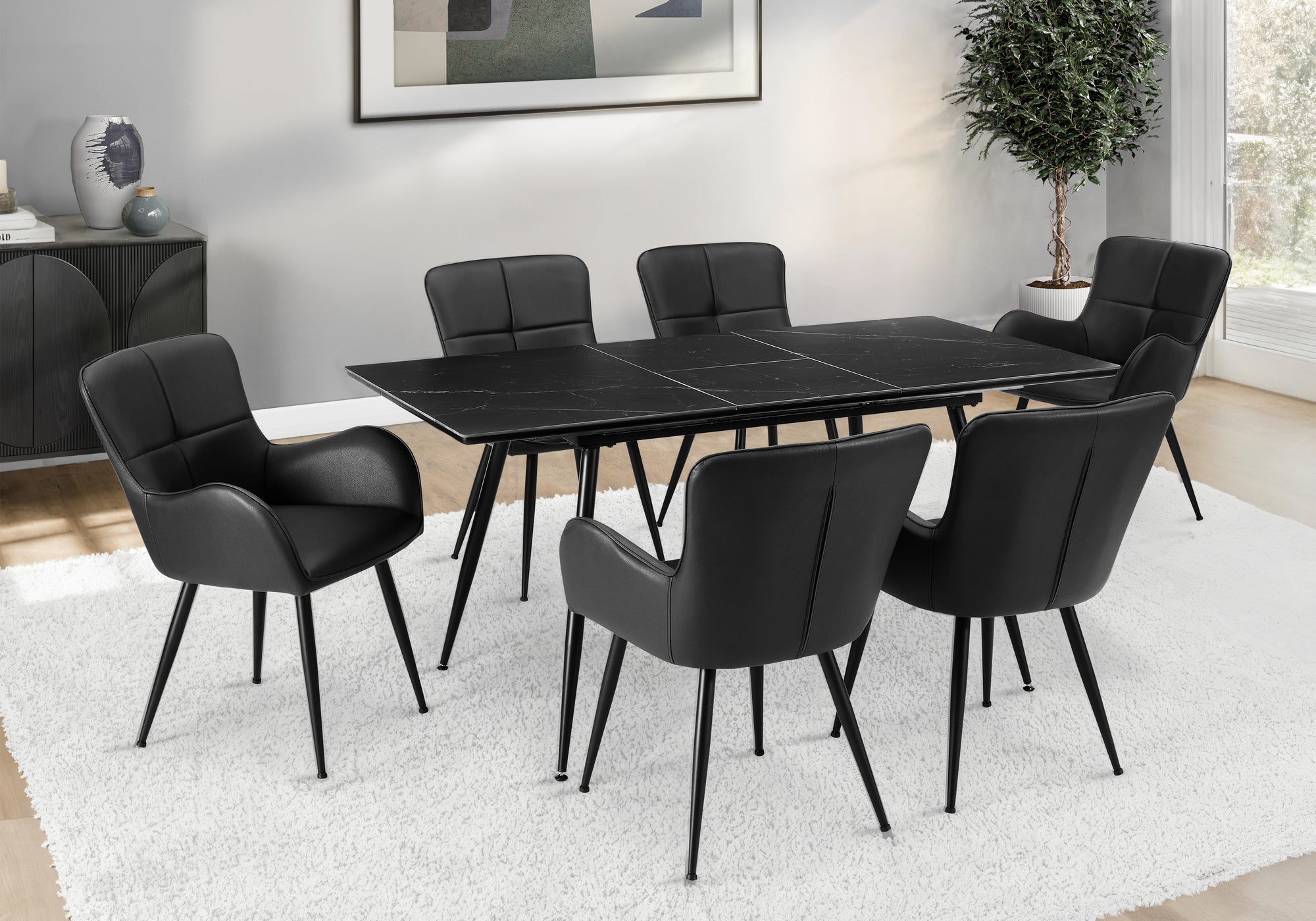 MN-621133    Dining Table, 63" Rectangular, 15" Butterfly Panel, Sintered Stone Top, Dining Room, Kitchen, Dark Grey Stone, Black Metal, Contemporary, Modern