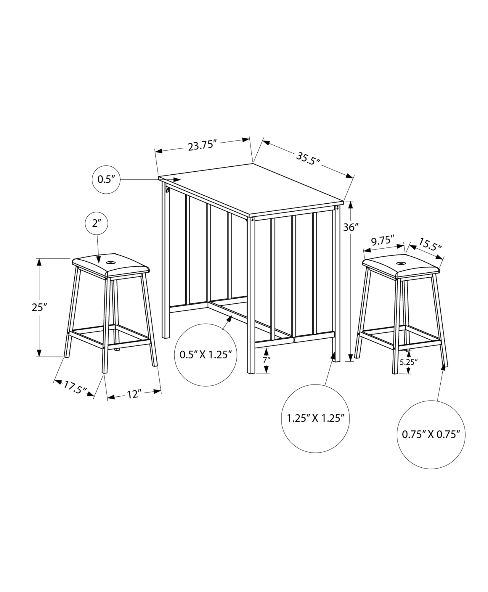 MN-671143    Dining Set, 3pcs Set, Counter Height, 36" Rectangular, Small, Kitchen, Brown Laminate, Black Metal, Contemporary