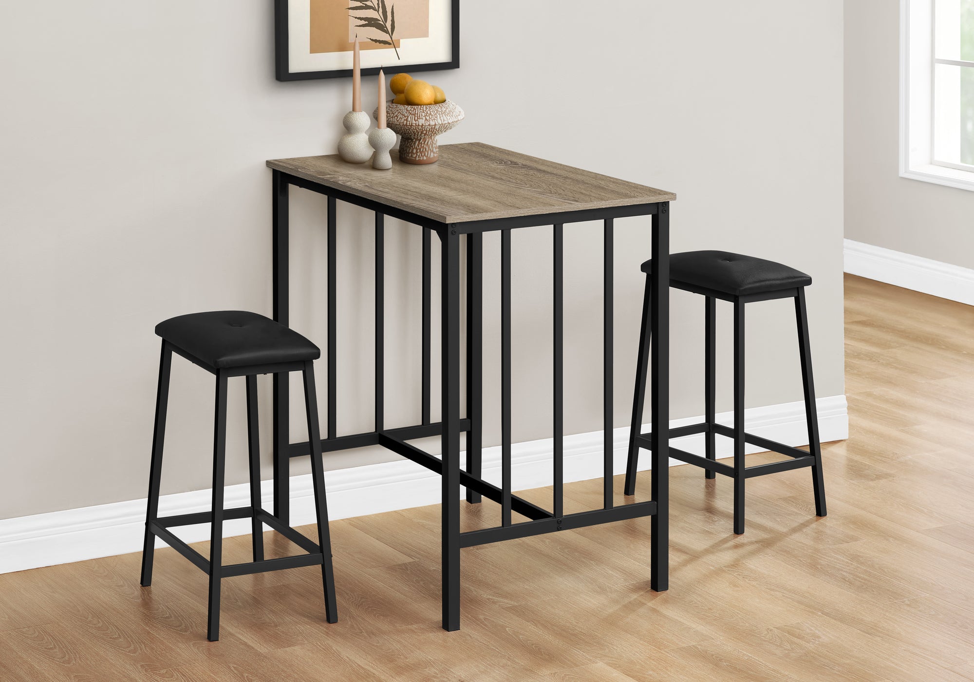 MN-671143    Dining Set, 3pcs Set, Counter Height, 36" Rectangular, Small, Kitchen, Brown Laminate, Black Metal, Contemporary