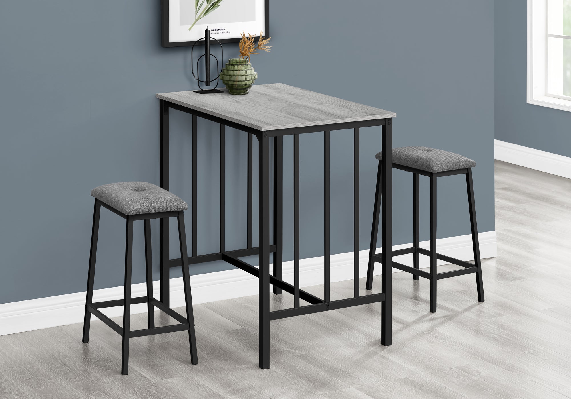 MN-551144    Dining Set, 3pcs Set, Counter Height, 36" Rectangular, Small, Kitchen, Grey Laminate, Black Metal, Contemporary, Modern