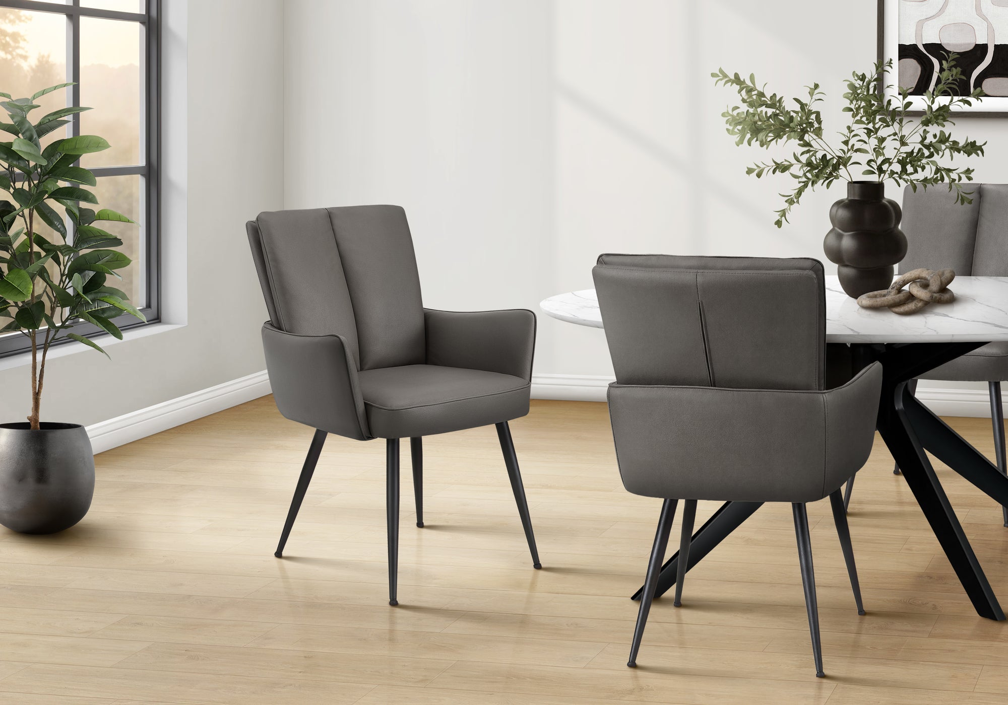 MN-771145    Dining Chair, 36" Height, Set Of 2, Upholstered, Side, Dining Room, Kitchen, Grey Leather Look, Black Metal, Contemporary, Modern