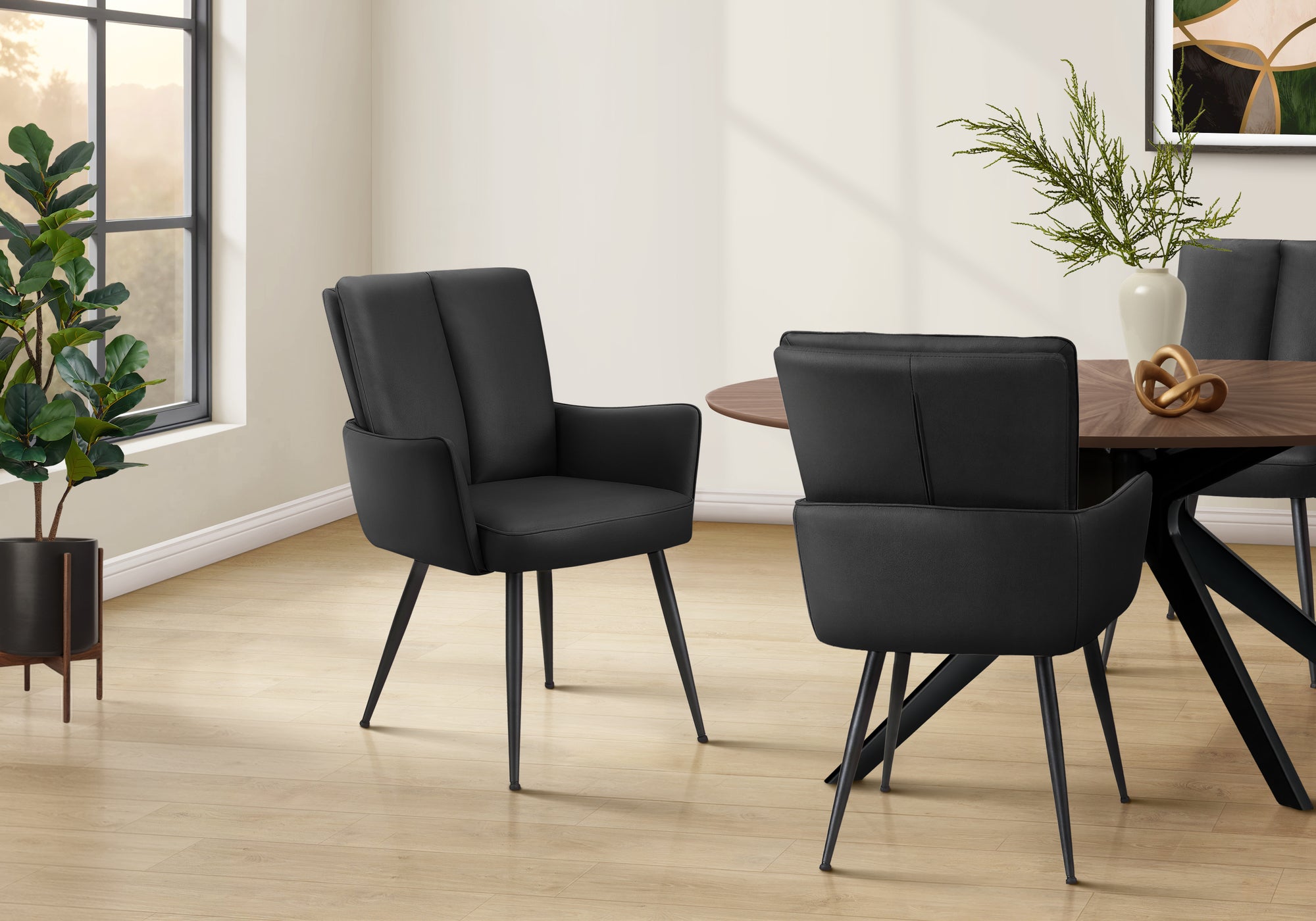 MN-781146    Dining Chair, 36" Height, Set Of 2, Upholstered, Side, Dining Room, Kitchen, Black Leather Look, Black Metal, Contemporary, Modern