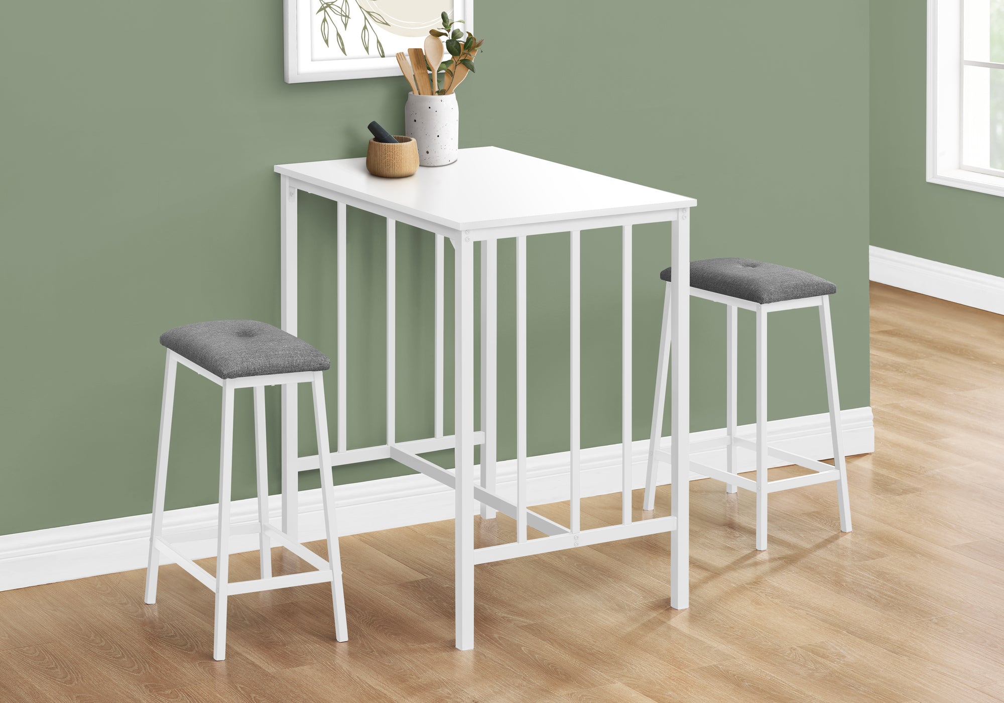 MN-561147    Dining Set, 3pcs Set, Counter Height, 36" Rectangular, Small, Kitchen, White Laminate, White Metal, Contemporary, Modern