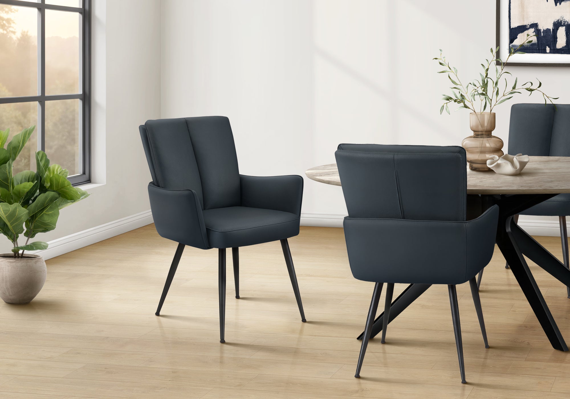 MN-U791148    Dining Chair, 36" Height, Set Of 2, Upholstered, Side, Dining Room, Kitchen, Blue Leather Look, Black Metal, Contemporary, Modern