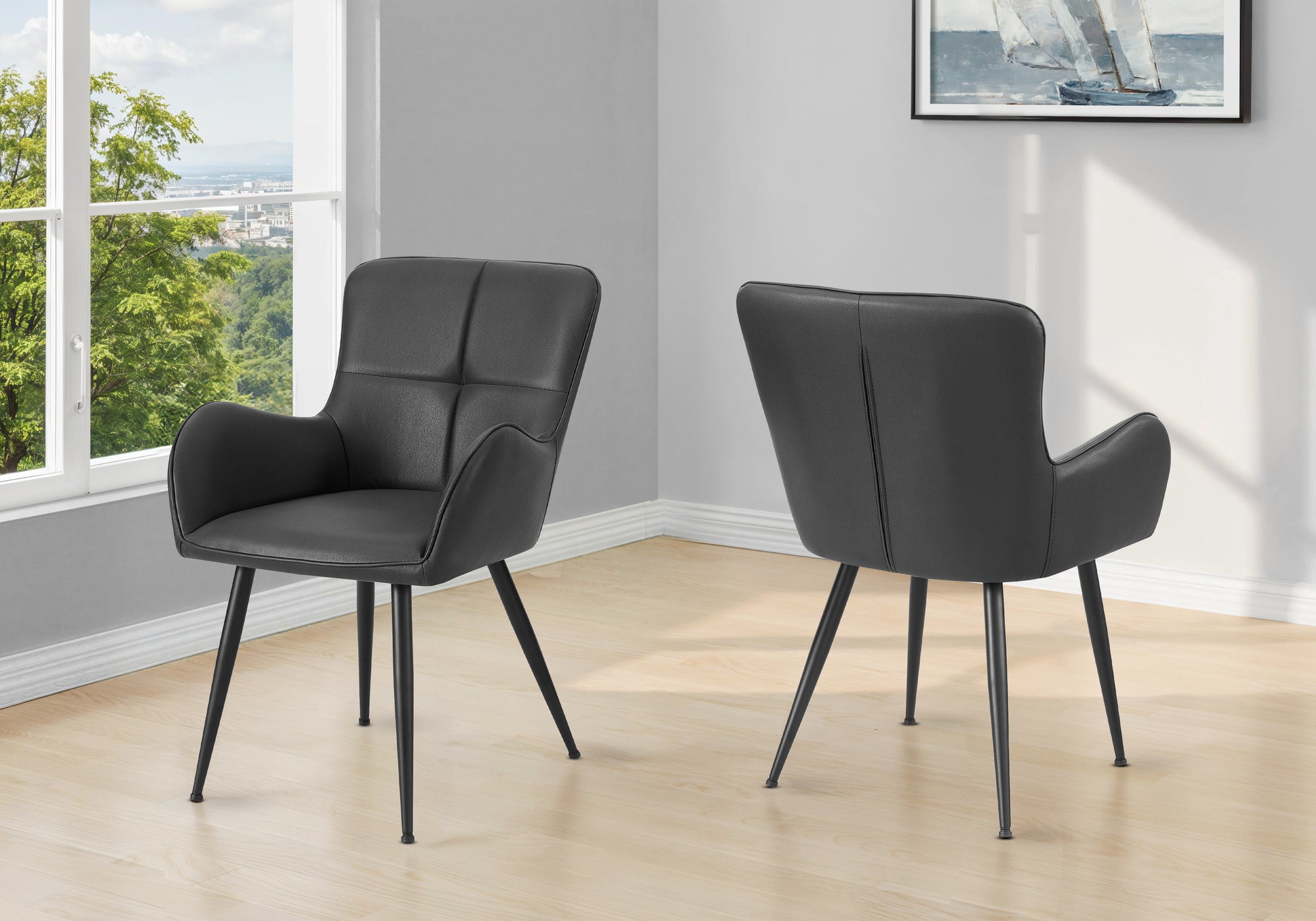 MN-N751157    Dining Chair, 33" Height, Set Of 2, Upholstered, Side, Dining Room, Kitchen, Black Leather Look, Black Metal, Contemporary, Modern
