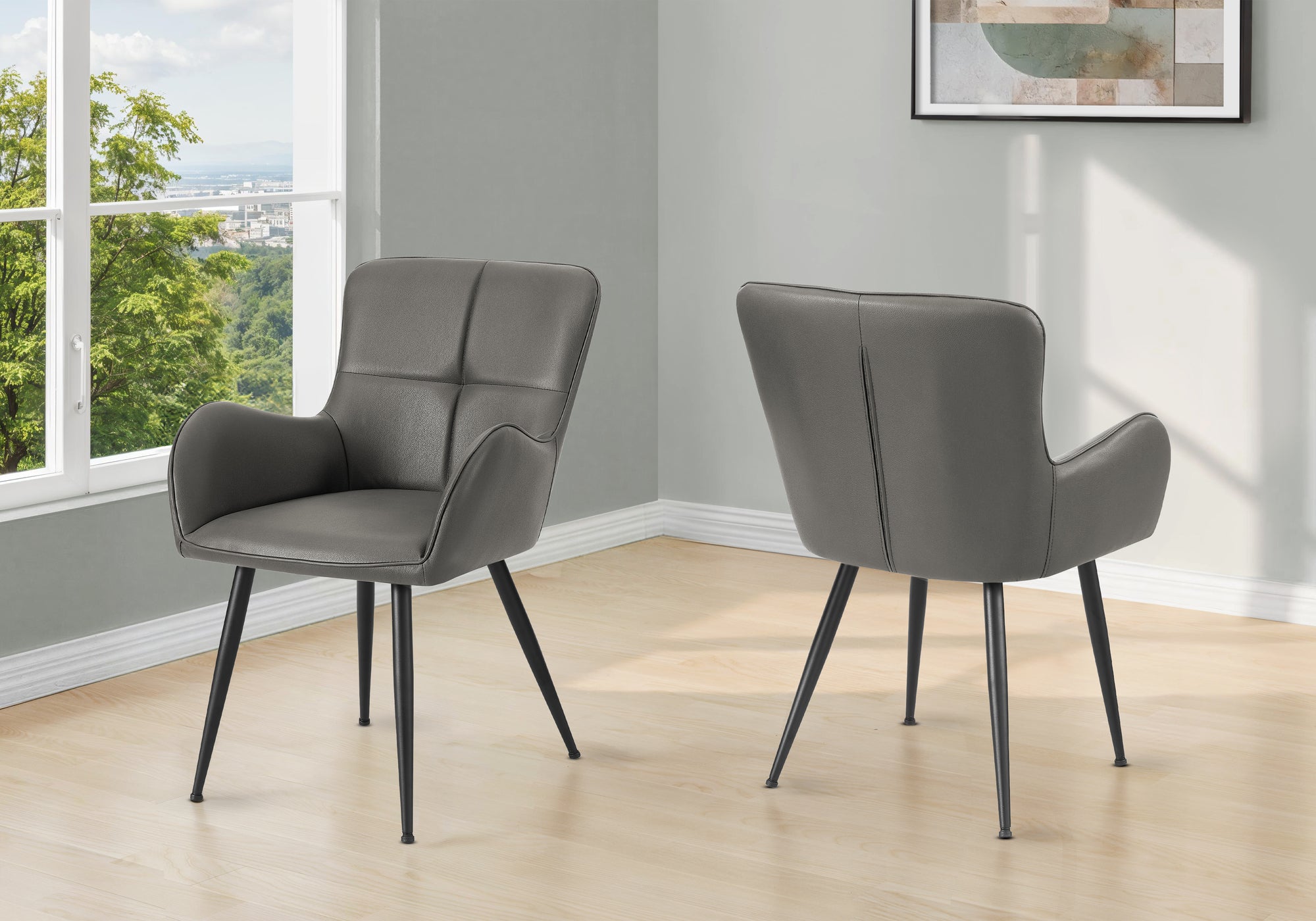 MN-N751158    Dining Chair, 33" Height, Set Of 2, Upholstered, Side, Dining Room, Kitchen, Grey Leather Look, Black Metal, Contemporary, Modern