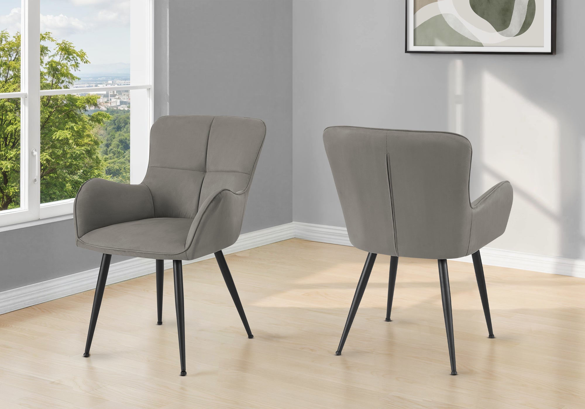 MN-741159    Dining Chair, 33" Height, Set Of 2, Upholstered, Side, Dining Room, Kitchen, Grey Suede Look, Black Metal, Contemporary, Modern