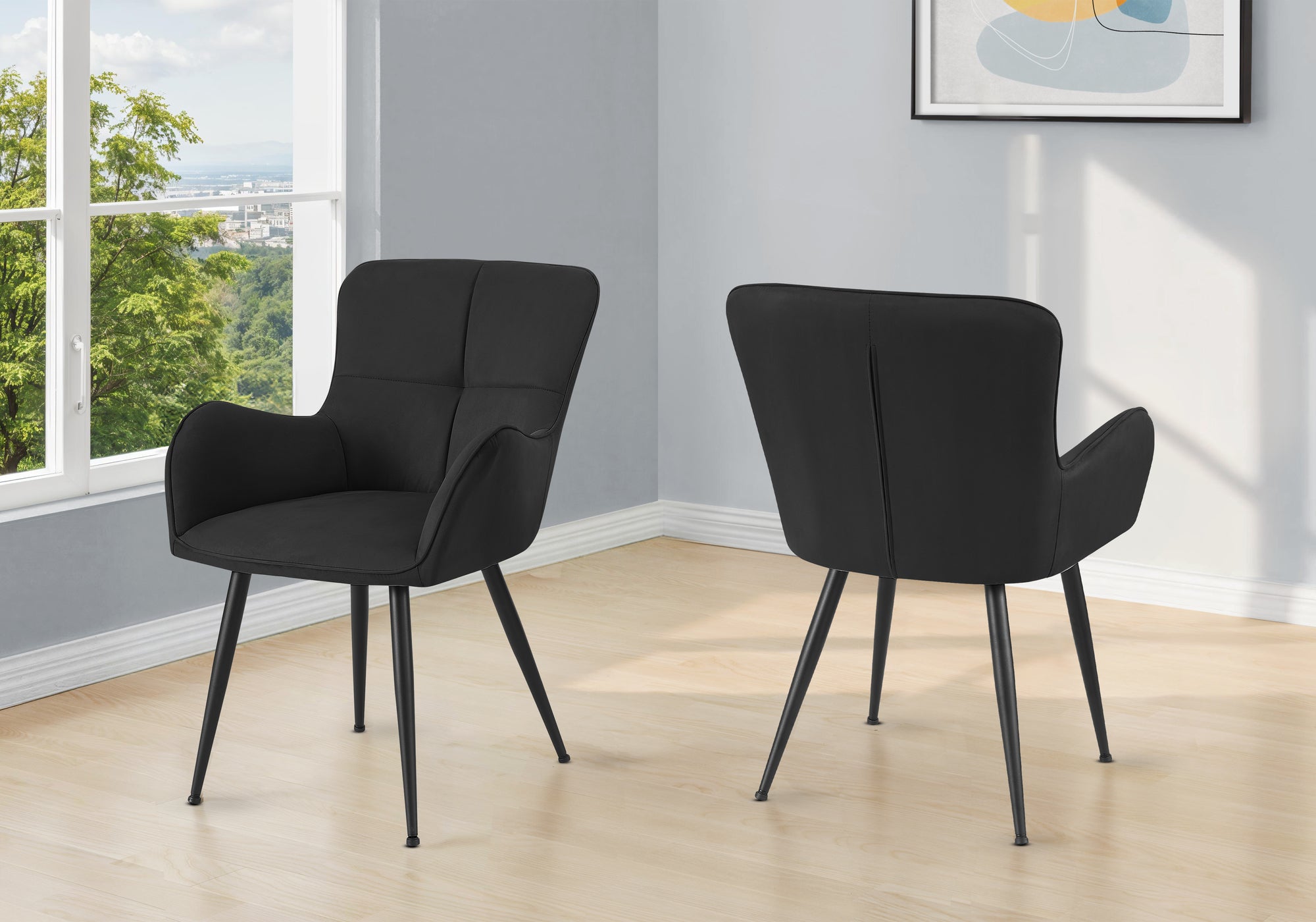 MN-751160    Dining Chair, 33" Height, Set Of 2, Upholstered, Side, Dining Room, Kitchen, Black Suede Look, Black Metal, Contemporary, Modern