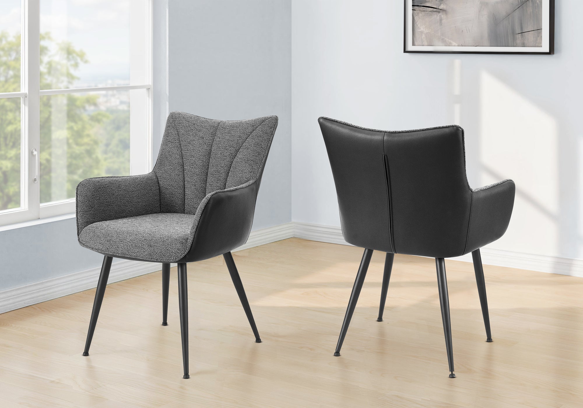 MN-F791167    Dining Chair, 35" Height, Set Of 2, Upholstered, Side, Dining Room, Kitchen, Dark Grey Fabric, Black Leather Look, Contemporary