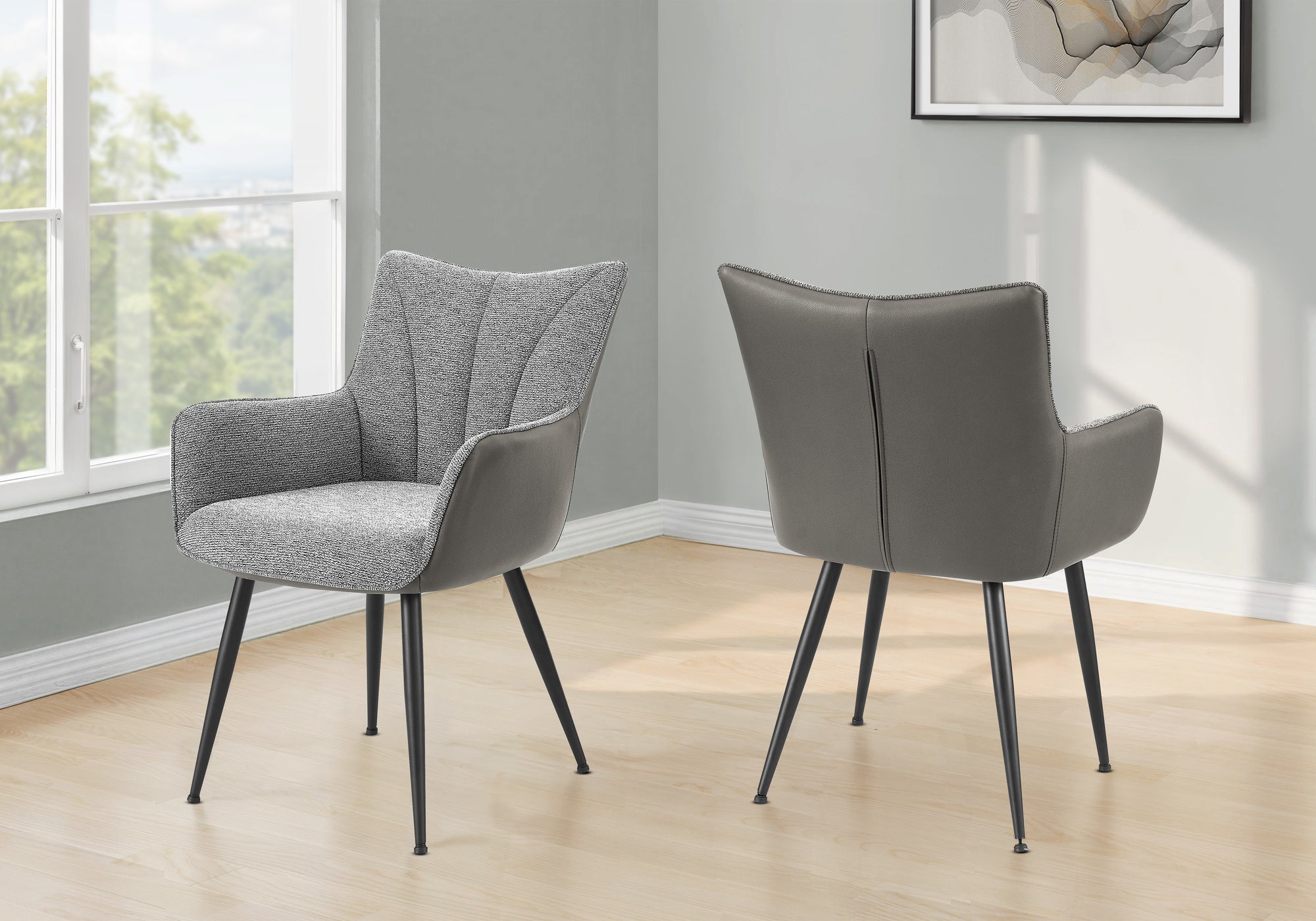 MN-F791168    Dining Chair, 35" Height, Set Of 2, Upholstered, Side, Dining Room, Kitchen, Light Grey Fabric, Grey Leather Look, Contemporary