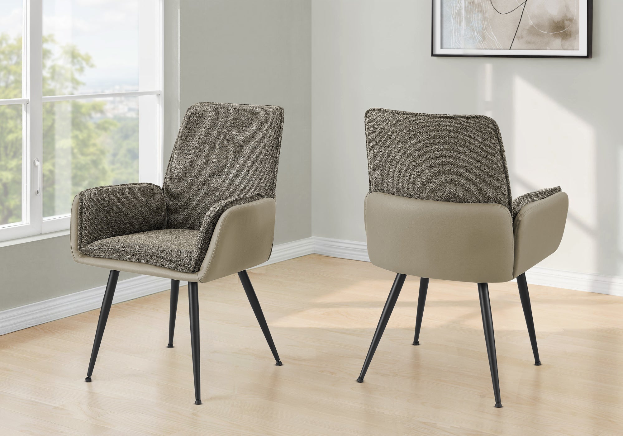 MN-801182    Dining Chair, 36" Height, Set Of 2, Upholstered, Side, Dining Room, Kitchen, Brown Fabric, Taupe Leather Look, Contemporary, Modern