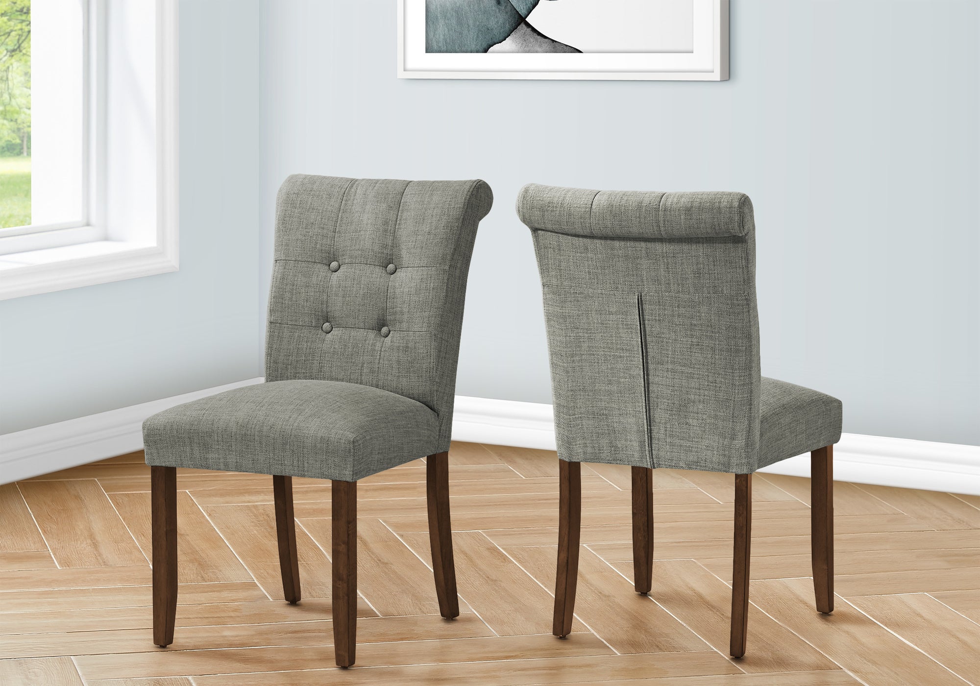 MN-U771218    Dining Chair, 38" Height, Set Of 2, Upholstered, Dining Room, Side, Kitchen, Grey Fabric, Walnut Wood Legs, Modern