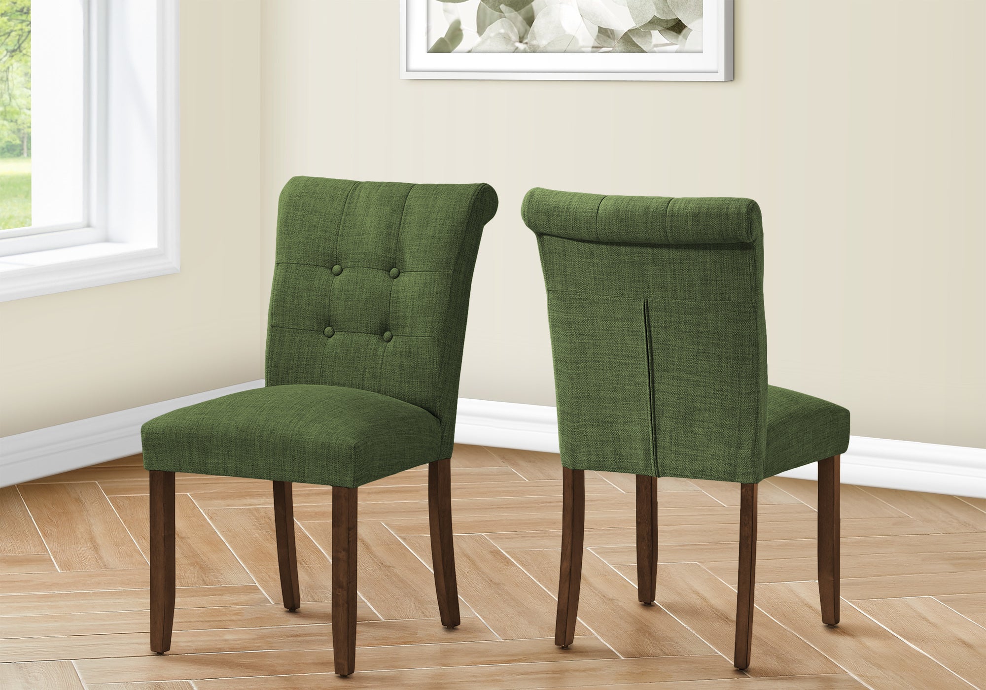 MN-U771219    Dining Chair, 38" Height, Set Of 2, Upholstered, Dining Room, Side, Kitchen, Green Fabric, Walnut Wood Legs, Modern