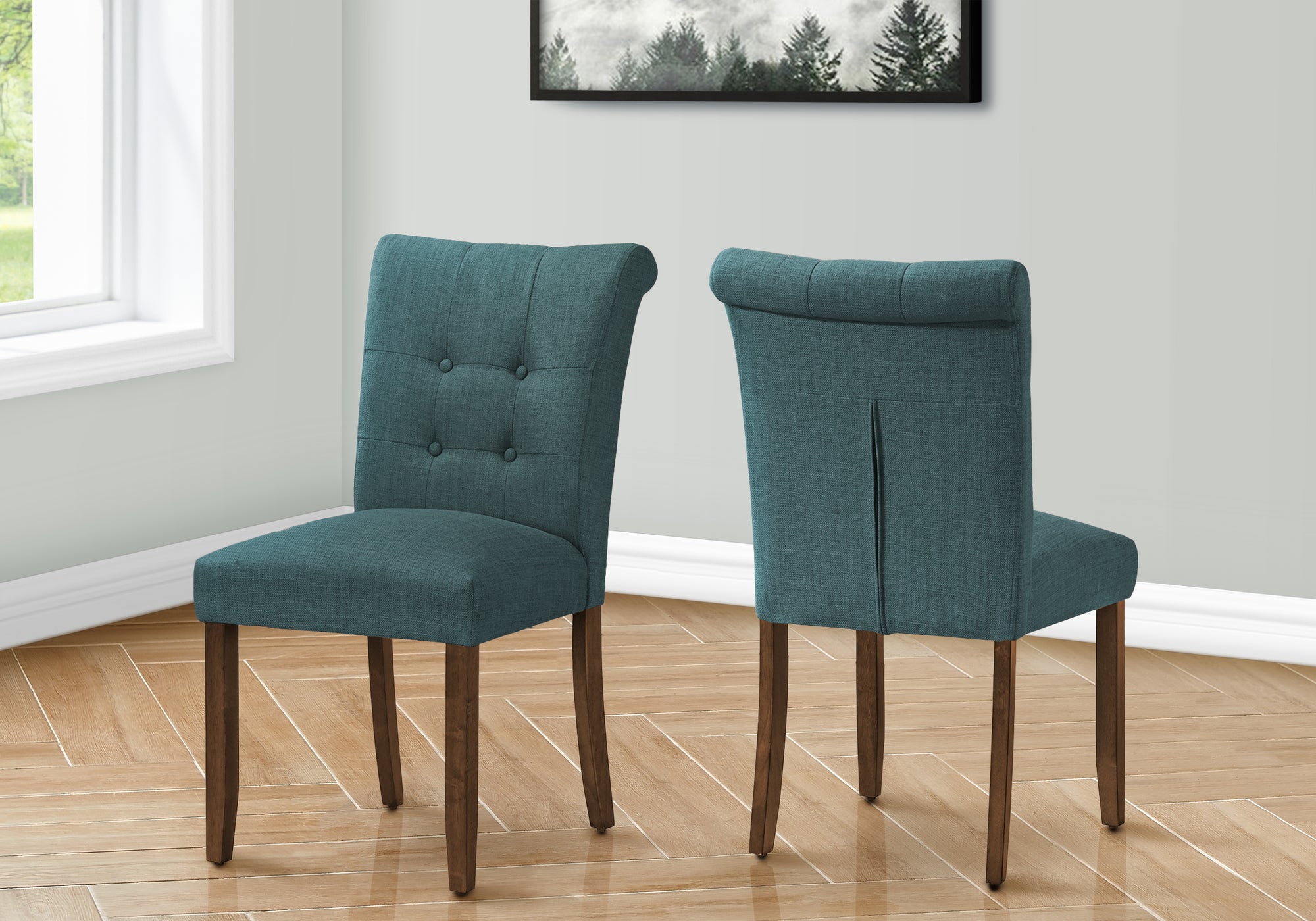 MN-U771220    Dining Chair, 38" Height, Set Of 2, Upholstered, Dining Room, Side, Kitchen, Blue Fabric, Walnut Wood Legs, Modern