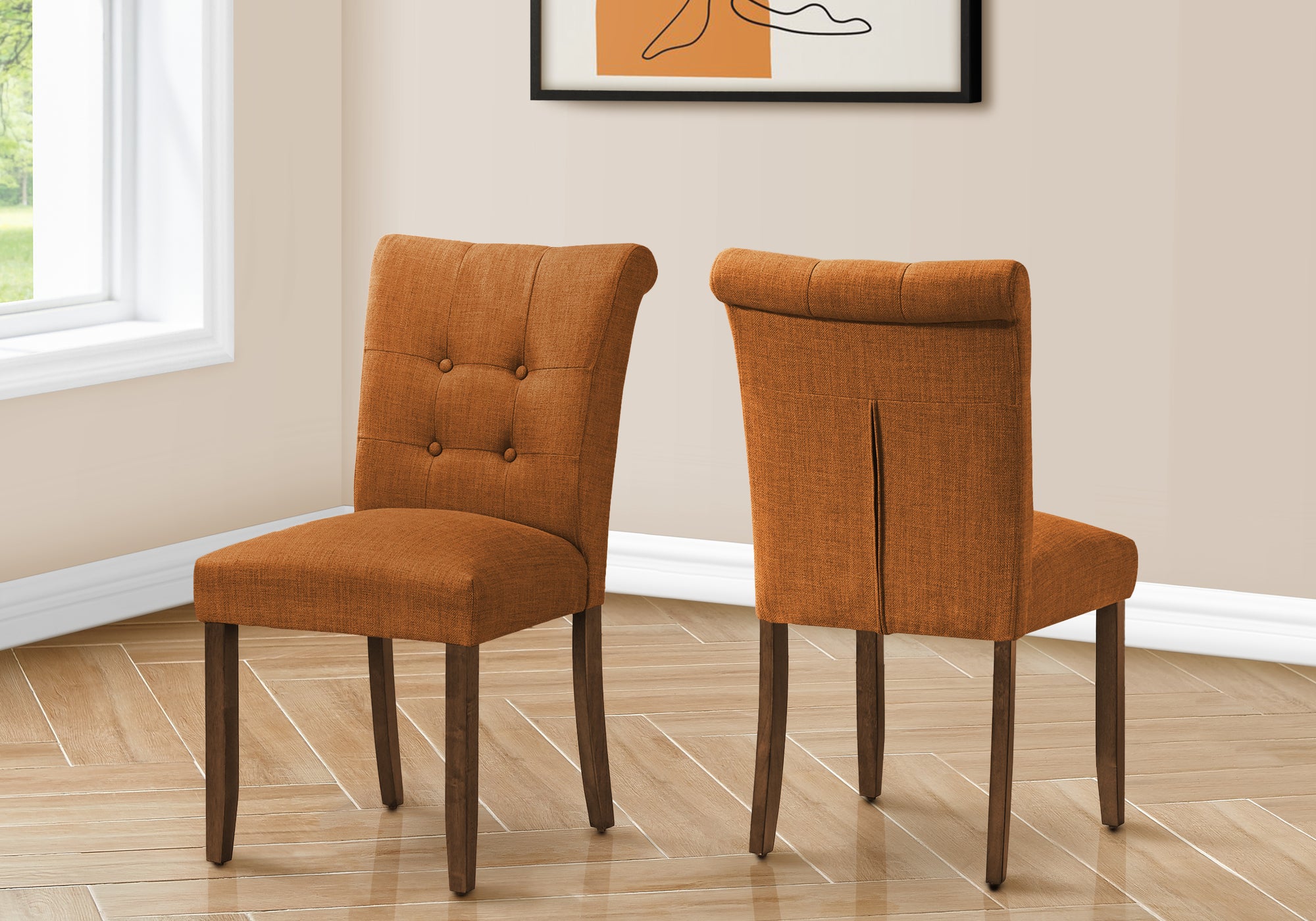 MN-U771221    Dining Chair, 38" Height, Set Of 2, Upholstered, Dining Room, Side, Kitchen, Orange Fabric, Walnut Wood Legs, Modern