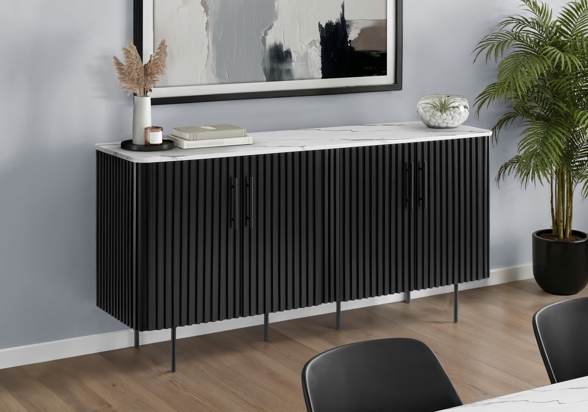 MN-961225    Cabinet, 66" Wide, Sideboard, Buffet, Dining Room, White Faux Marble, Black Laminate, Contemporary, Modern